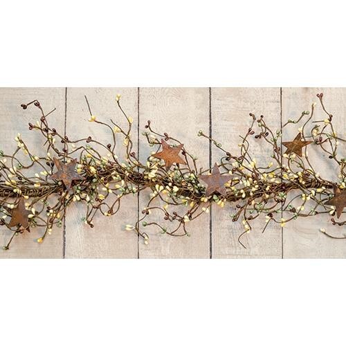 NEW Pip Berry Garland w/ Rusty 2″ Stars COFFEE BEAN MIX 40″ Brown Beige Green