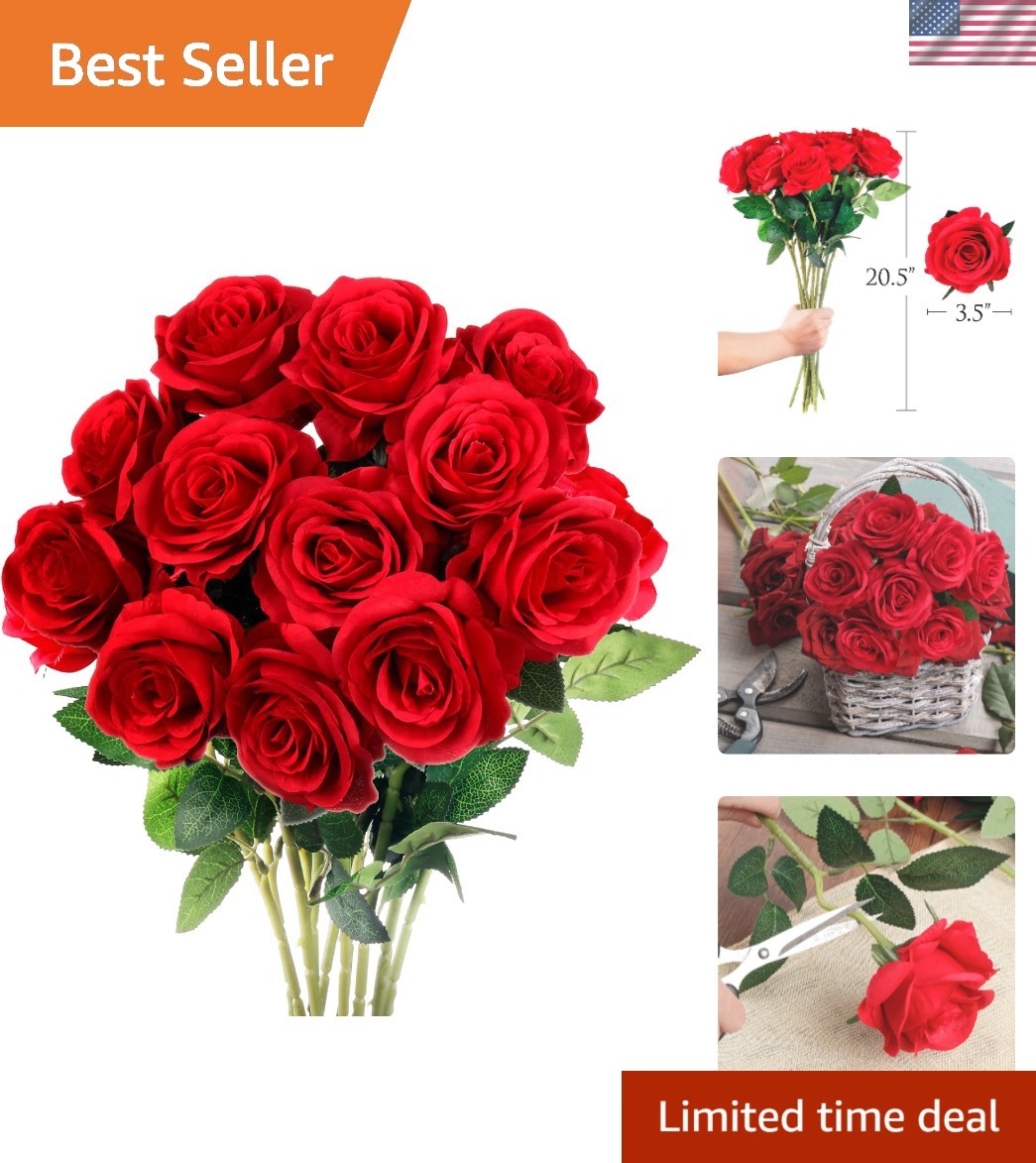 Realistic 12PCS Red Silk Roses with 20.5″ Stems for Stunning Weddings & Decor