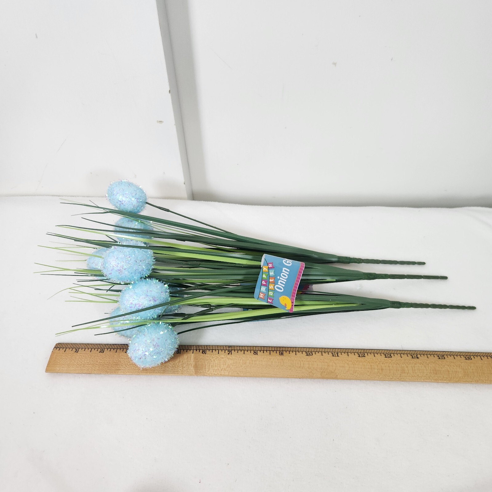 Set of 3 Faux Floral Pick~Onion Grass+Blue Glittery Easter Eggs SPRING DECOR