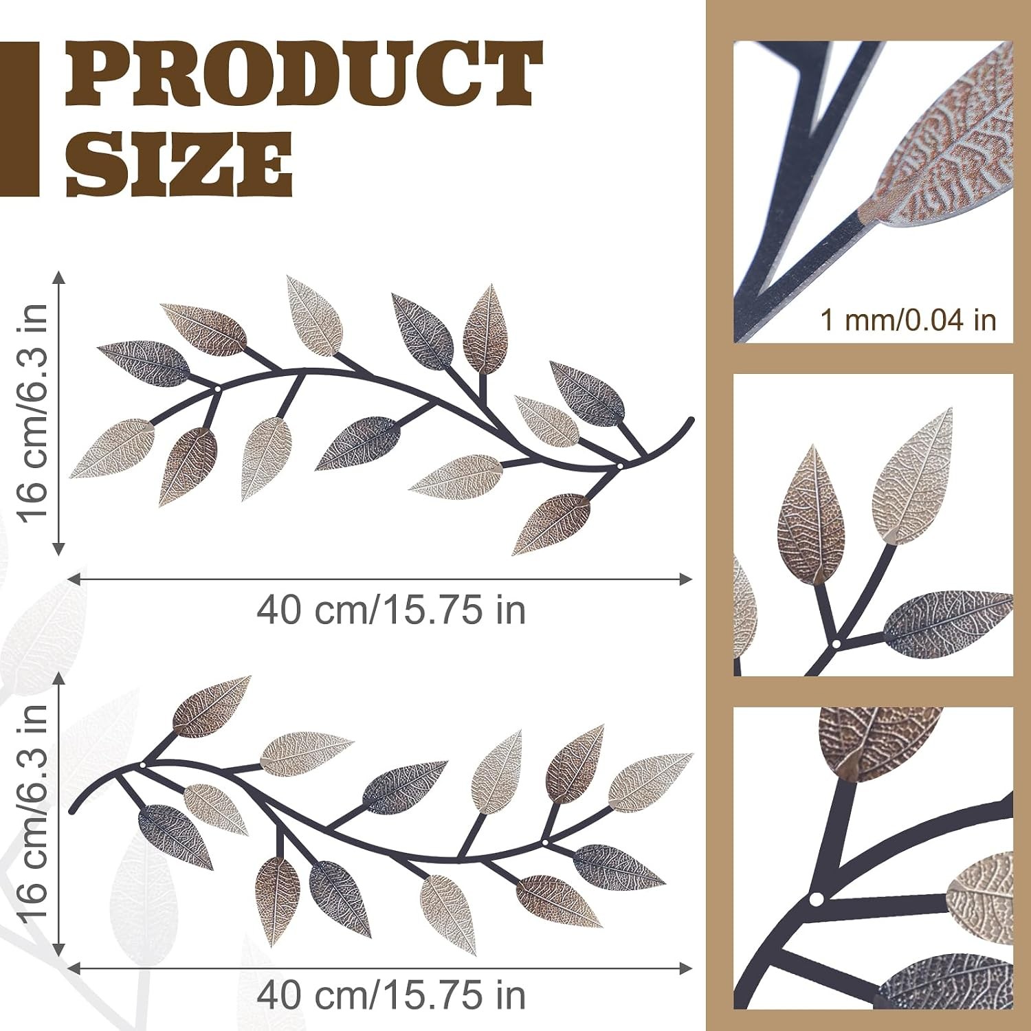 2-Pack Metal Tree Leaf Wall Art, Vintage Brown Olive Branch Vine Wall Decor