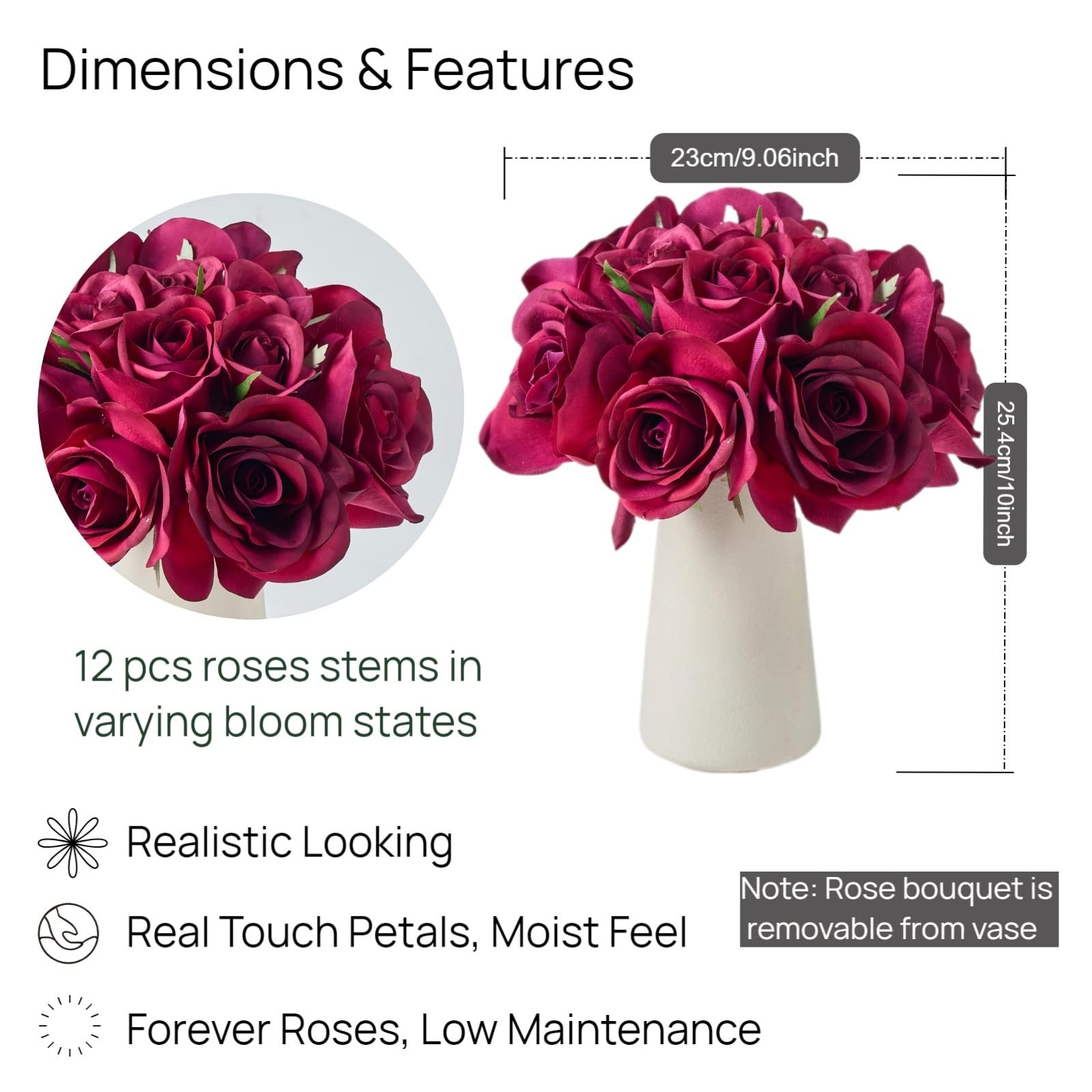 12-Piece Faux Real Touch Rose Bouquet with Ceramic Vase, Fake Flowers in Vase…