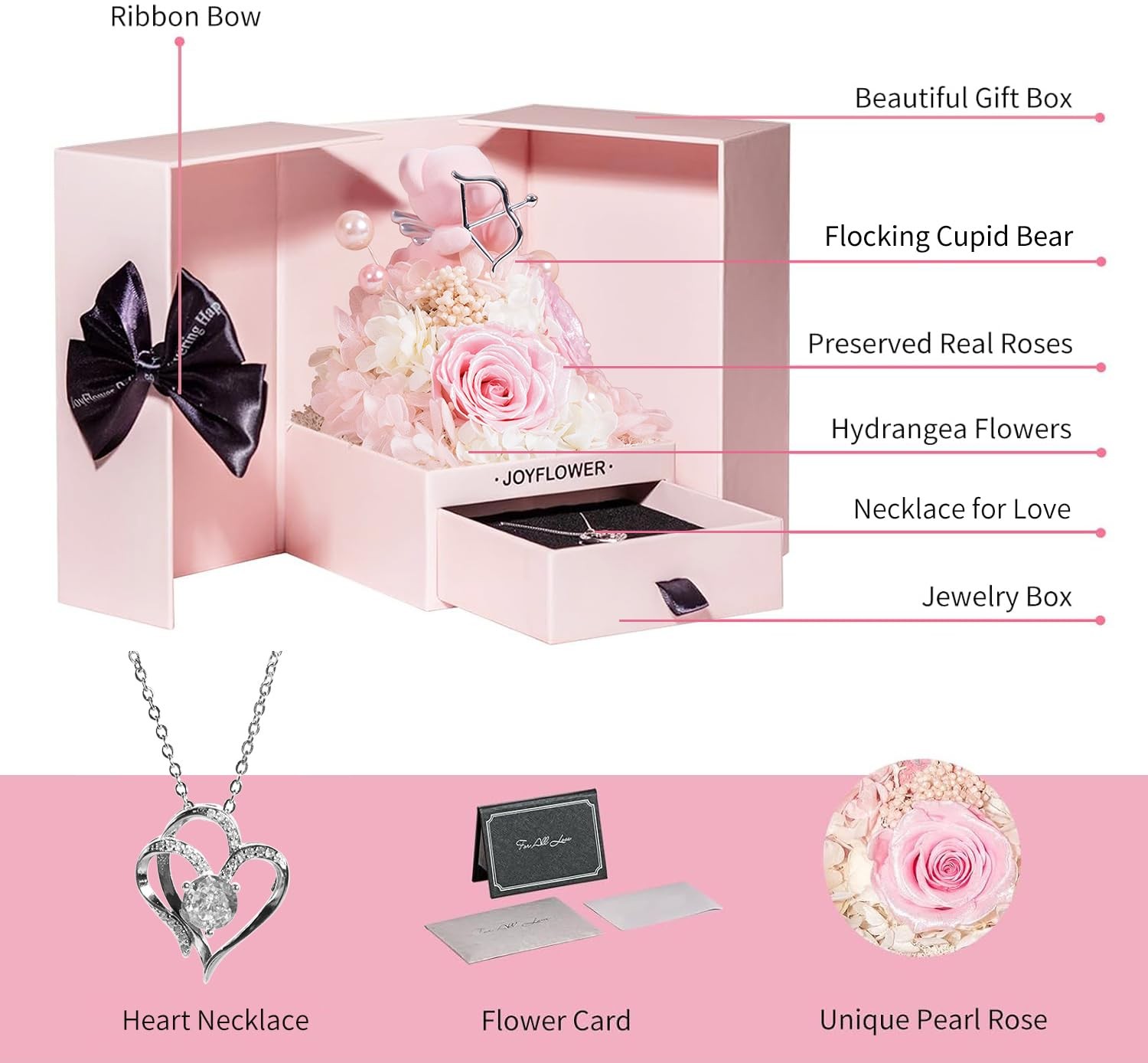Preserved Flowers Bear with Necklace Gifts for Girlfriend, Pearl Rose Cupid B…