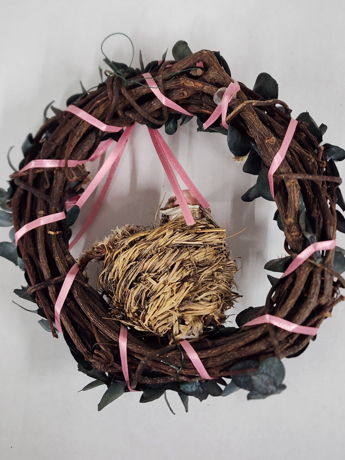 Vintage Small Bird Nest Wreath Wall Hanging Cottagecore Floral Pink Ribbon