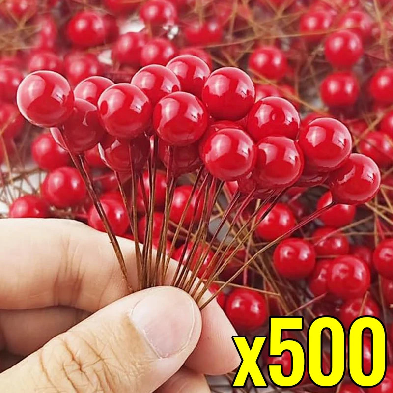 500/50Pcs Mini Artificial Red Berries DIY Floral Wreath Ornament Fake Berry Cher