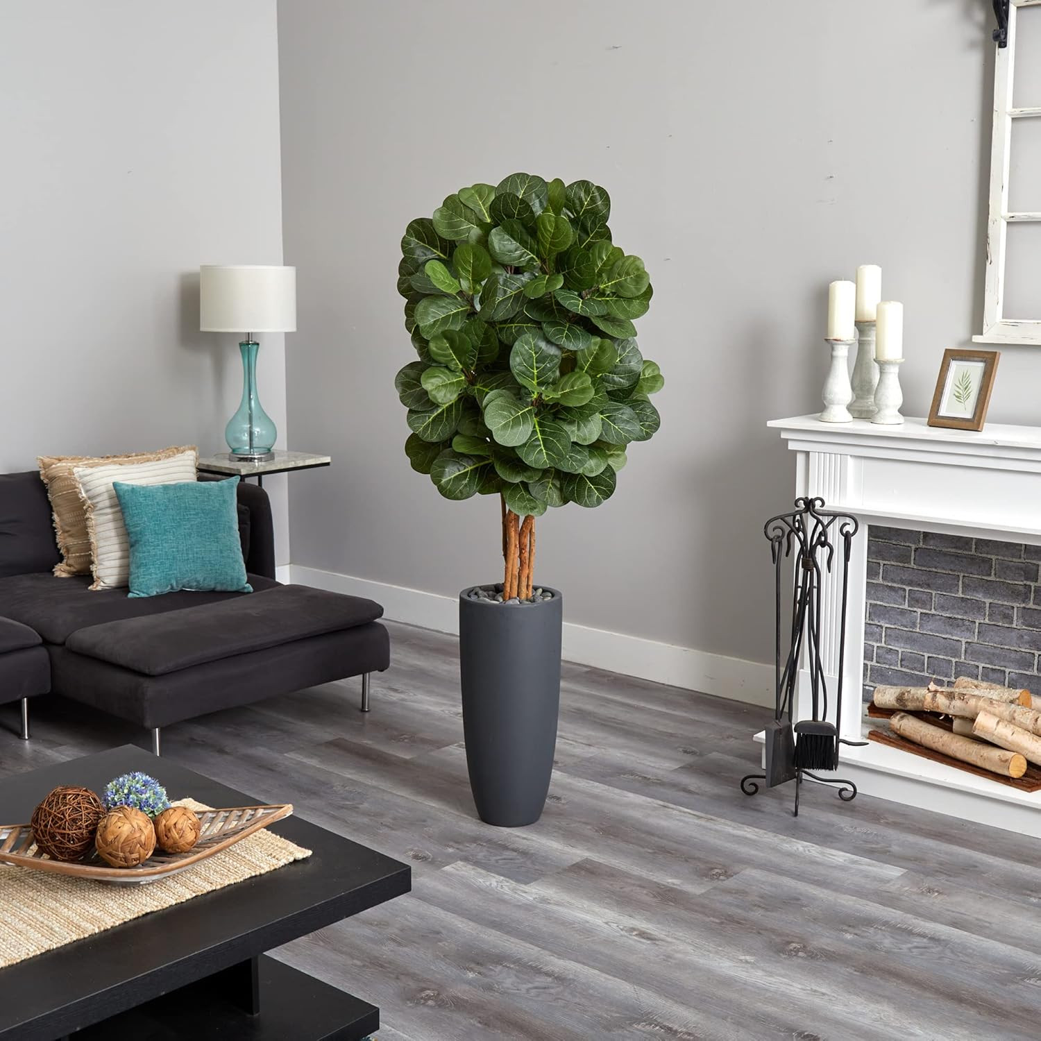 5.5Ft Fiddle Leaf Artificial Tree in Stylish Gray Cylinder Planter