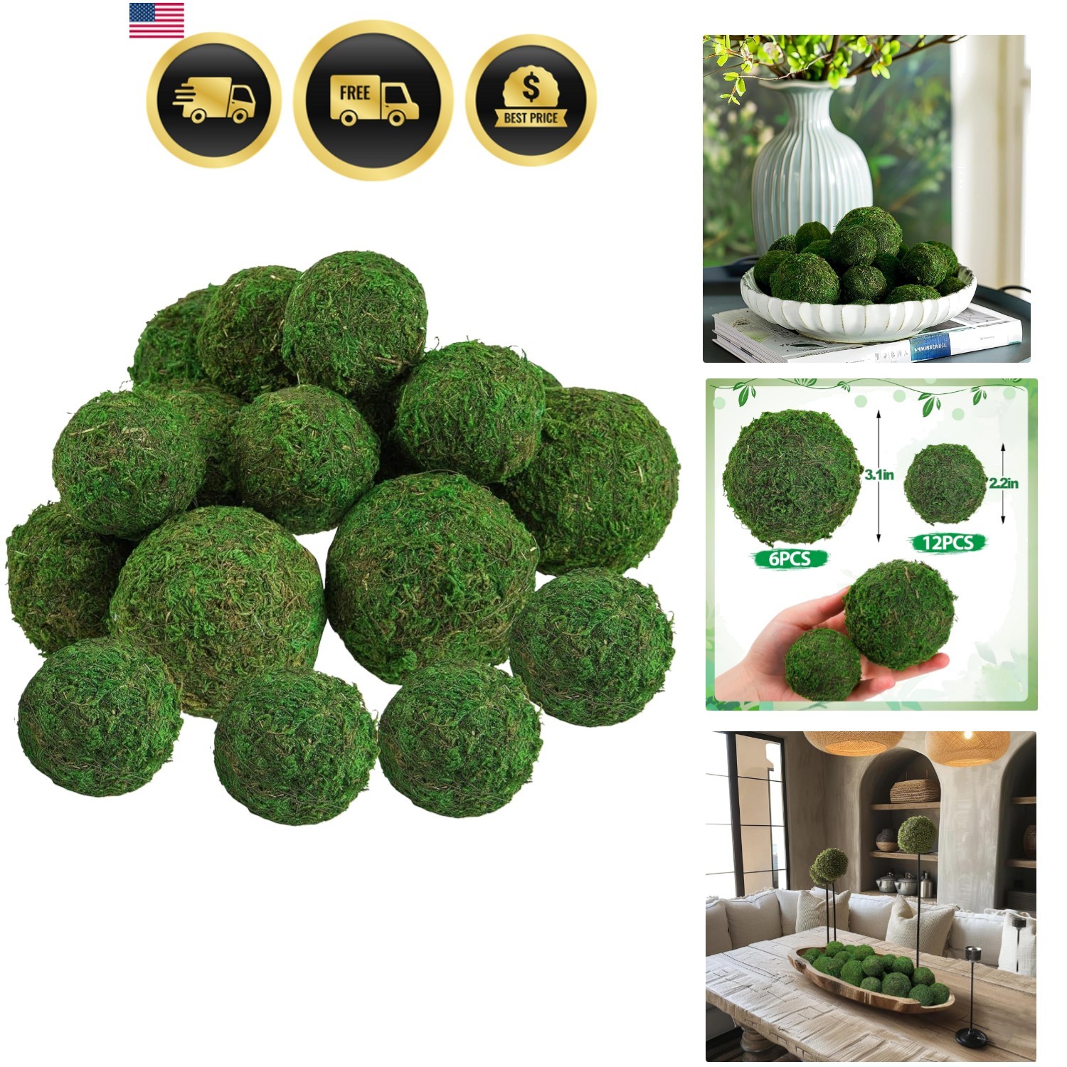 18 Pack Decorative Faux Dried Moss Balls- 6pcs 3.1″ Artificial Green Plant Mo…