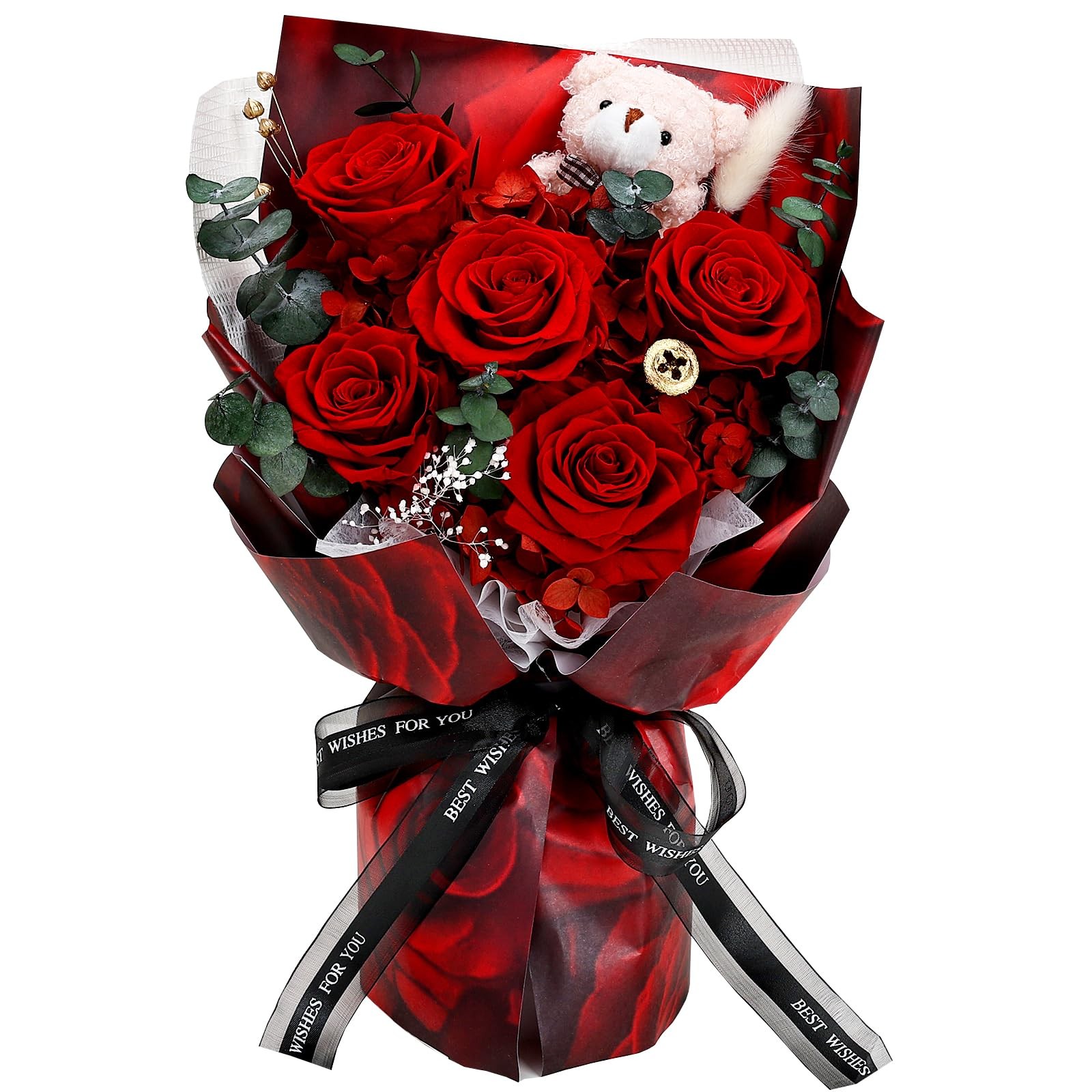 Red 5 Real Roses Preserved Flowers Bouquet Bear Gift Box Anniversary Women
