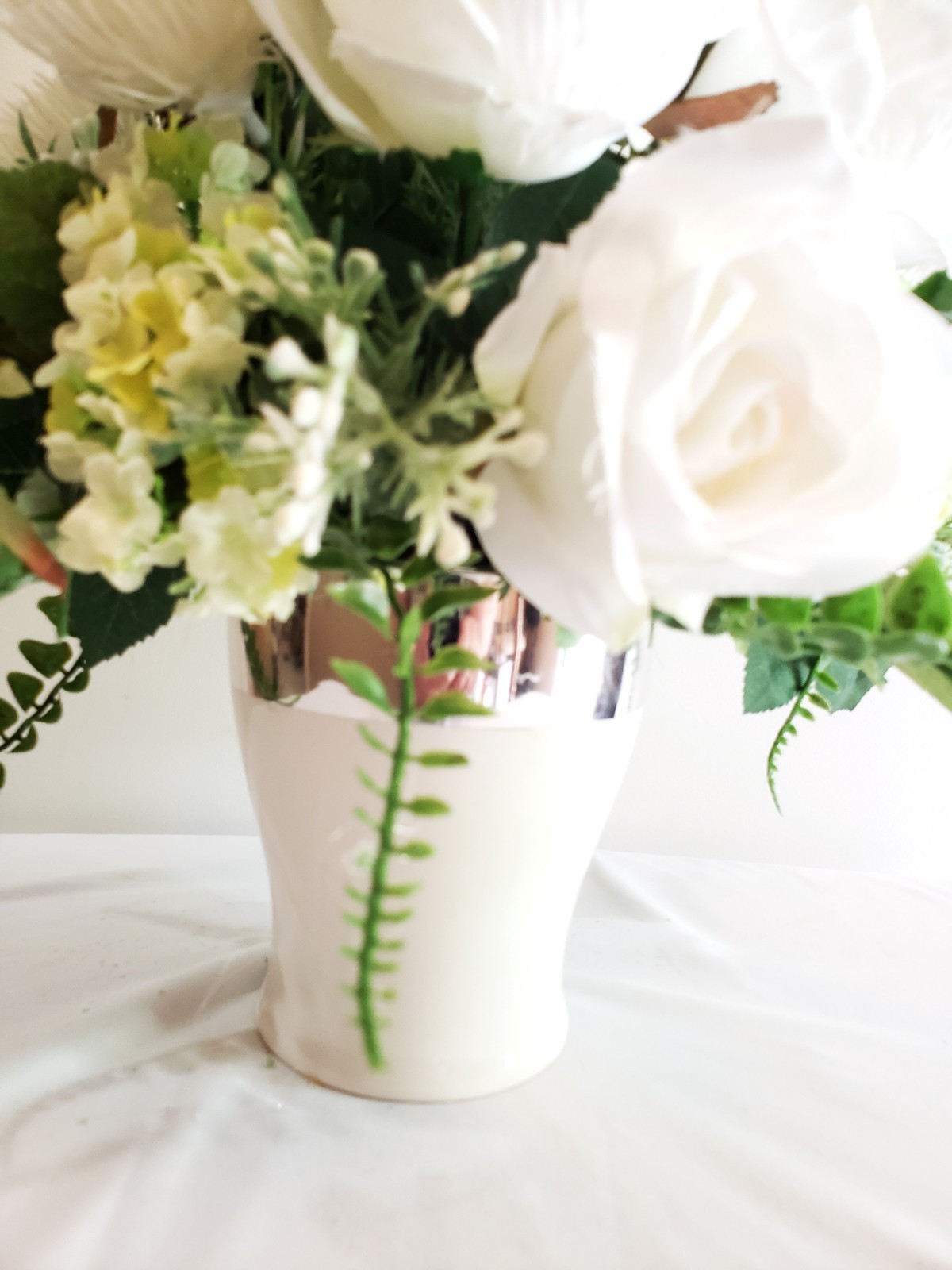White Peony Rose Centerpiece, Neutral Floral Arrangement Faux Flower Table Decor