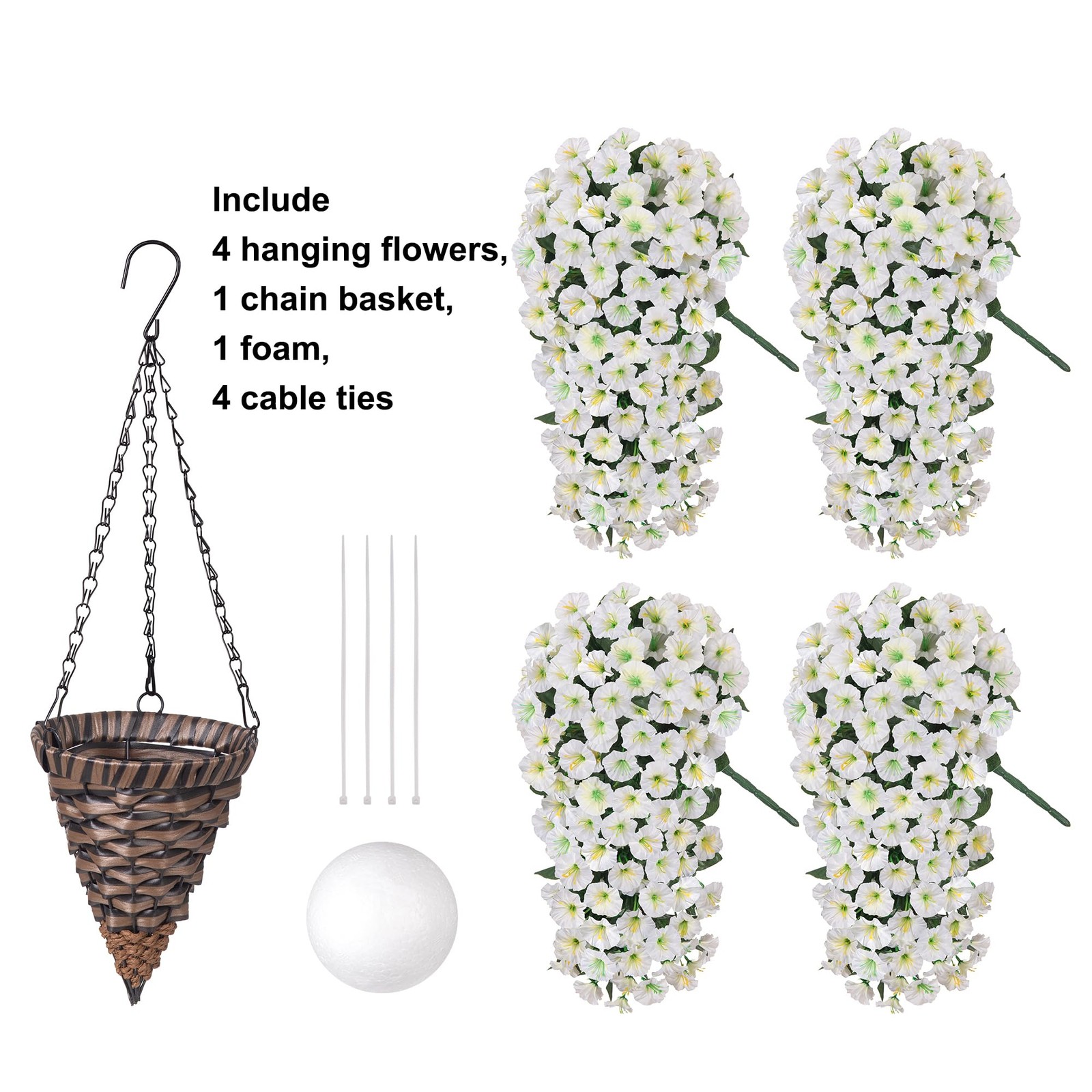 HyeFlora Artificial Faux Hanging White Flowers Plants Basket for Outdoor Outs…