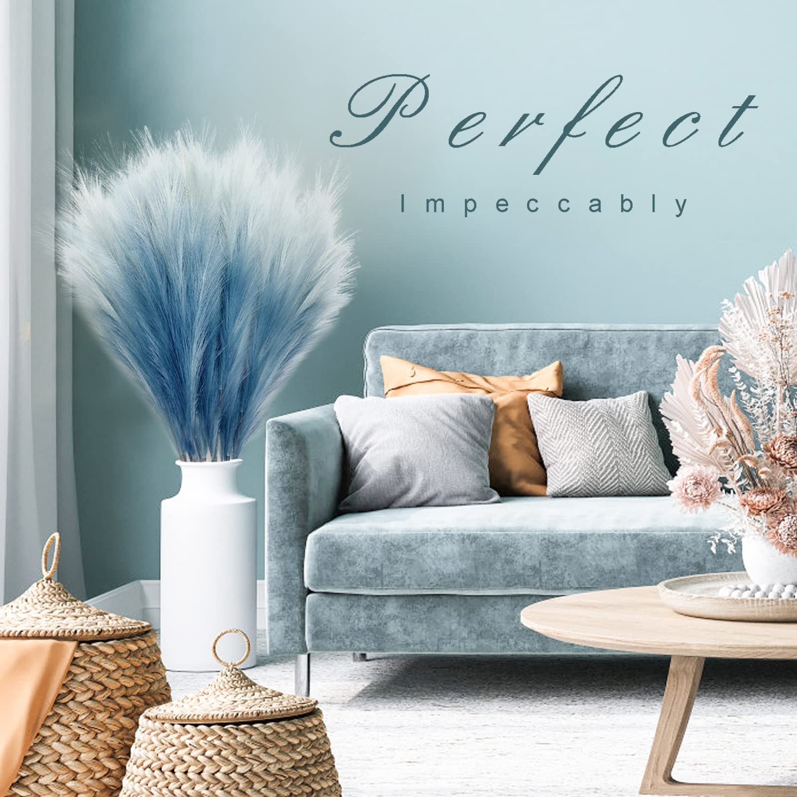 8Pcs 35.4” Blue Colorful Faux Pampas Grass, Fluffy Artificial Bulrush Branche…