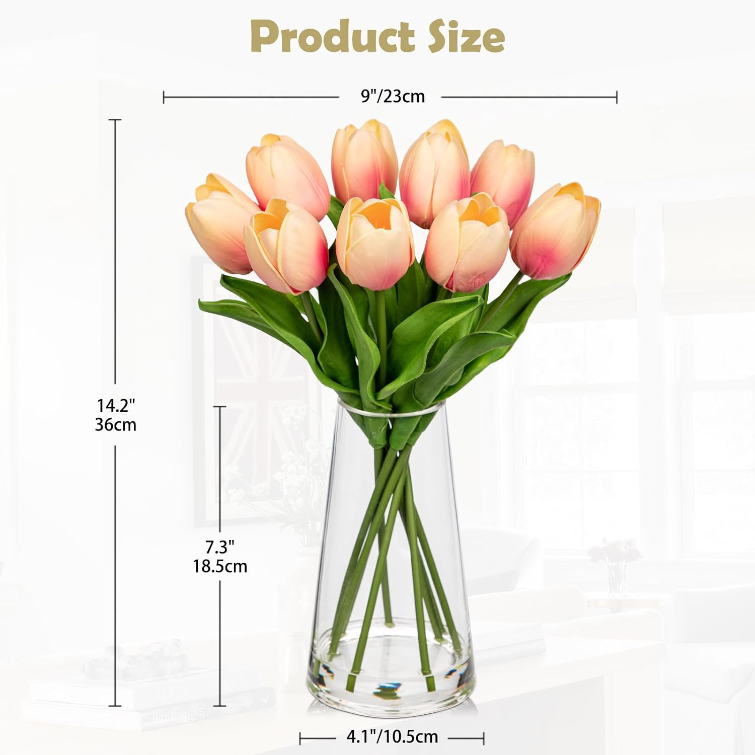 Realistic Peach Tulips in Glass Vase with Faux Water – Spring Table Centerpiece
