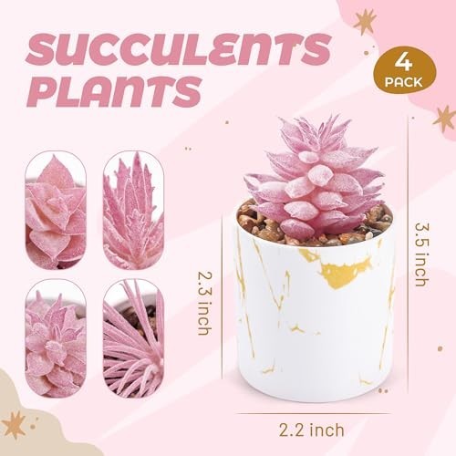 Set of 4 Artificial Succulent Plants – Pink Desk Decor for Office & Home, Gifts