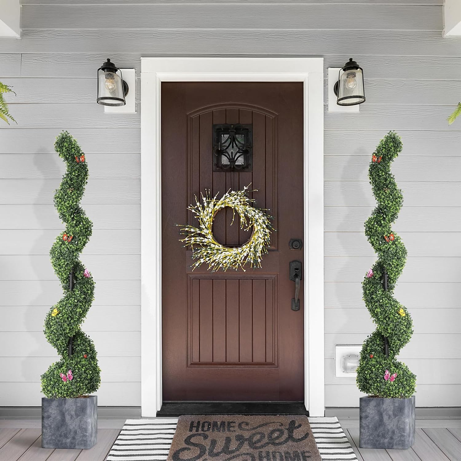 Artificial Spiral Topiary in Weighted Pot Realistic Outdoor Faux Plant for Porch