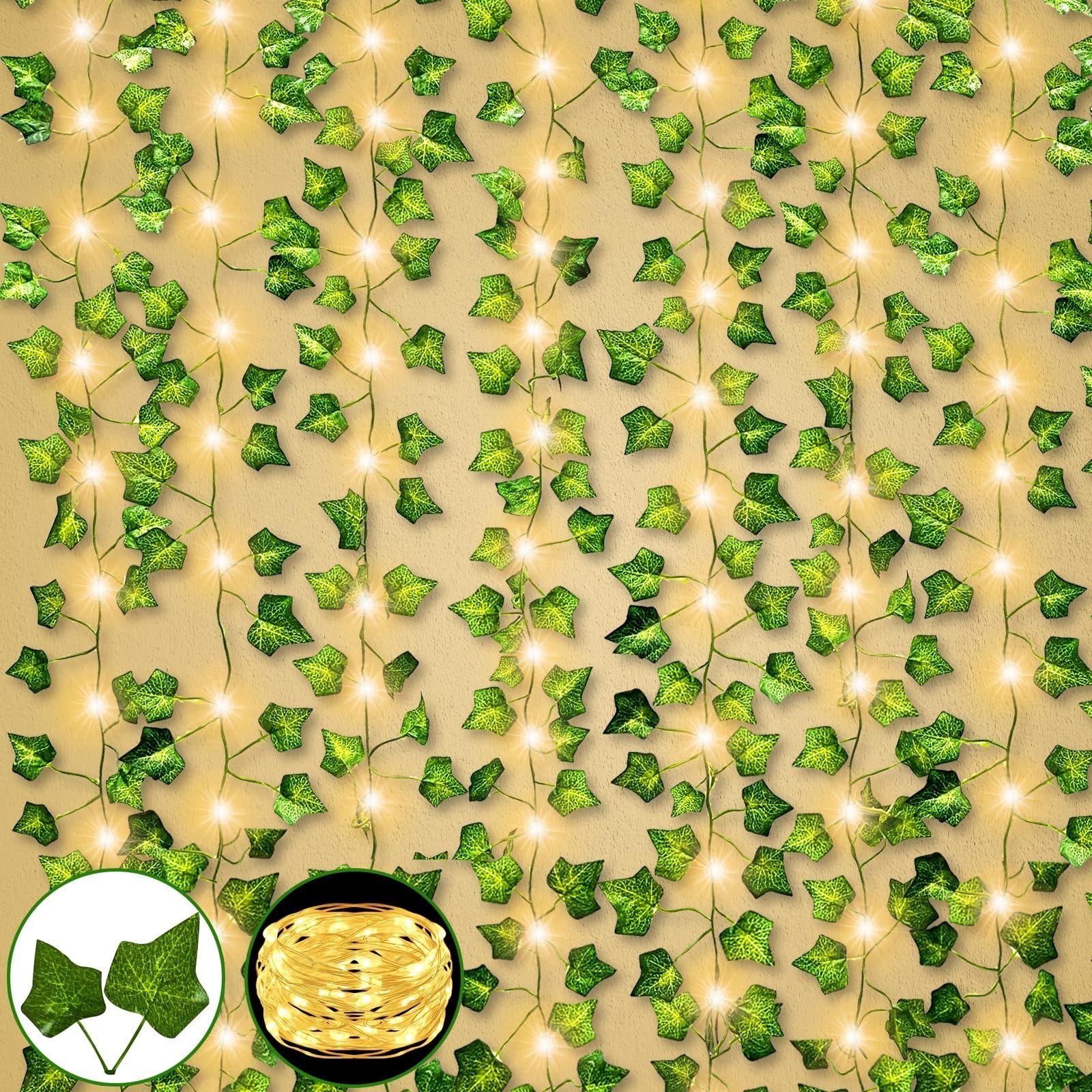 12 Pack Fake Vines 84Ft with 100 Lights & Timer, Thick Green Leaves, Faux Ivy Ga