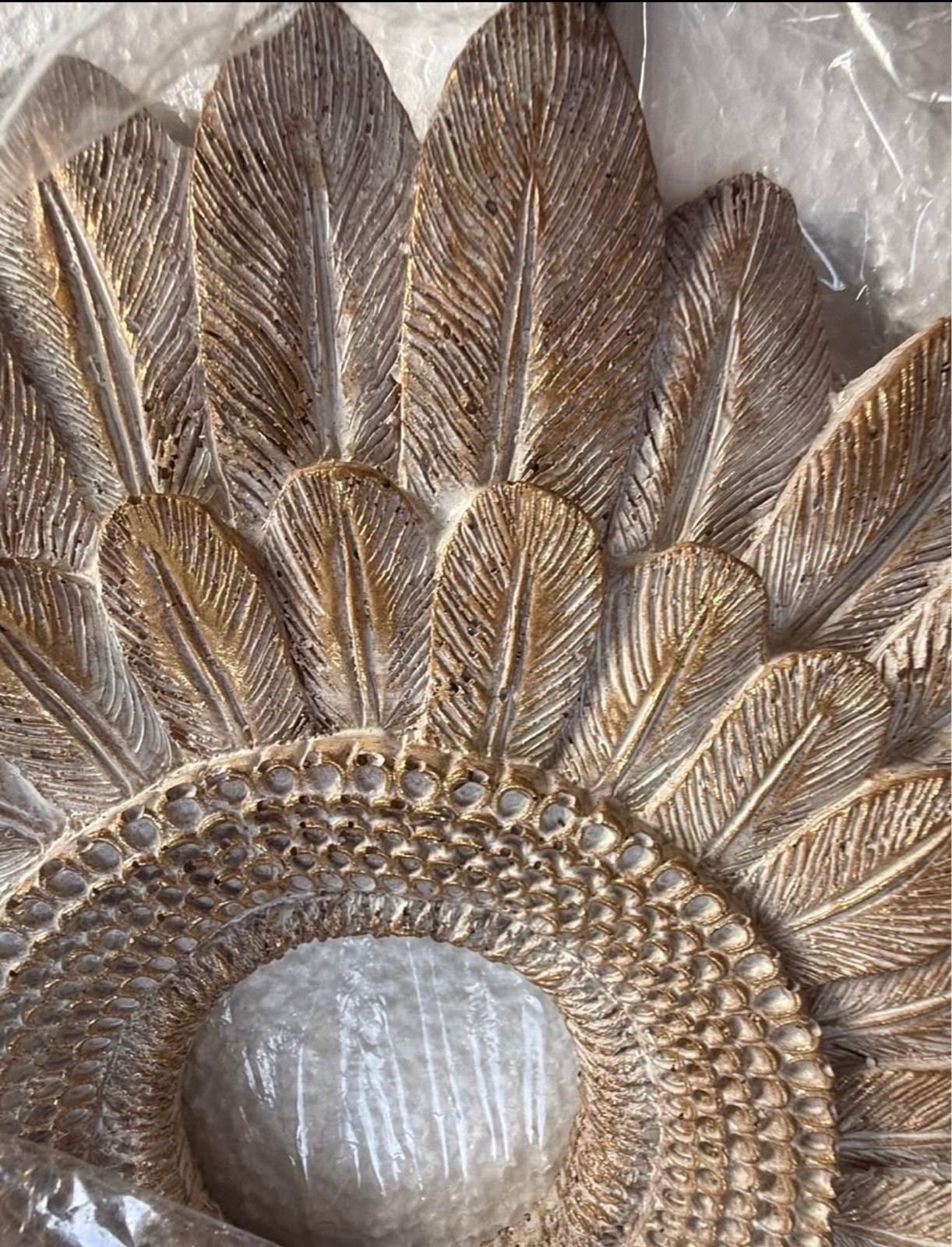 Boho Resin Bird Feather Ring On Wood Stand Cream