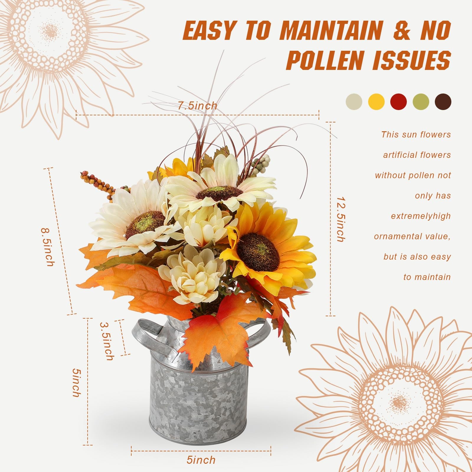 Sunflowers Artificial Flowers with Pot,Fake Potted Flowers with Sunflower Map…