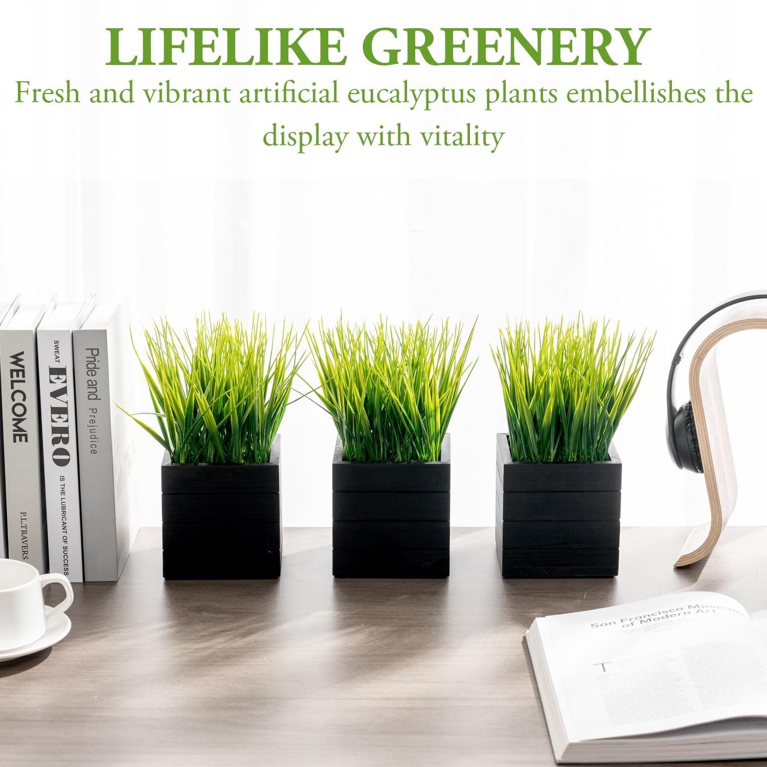 Set of 3 Faux Greenery Plants in Vintage Black Wood Planter Boxes – Decorative S
