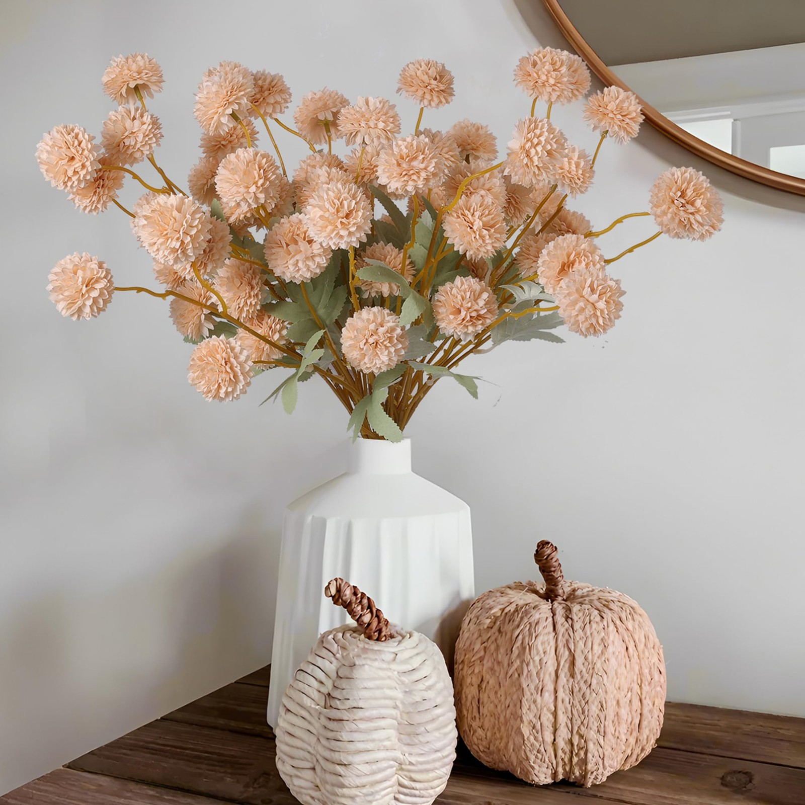12 Pcs Artificial Chrysanthemum Flowers Beige Kiku Pom Pom Mums Faux Floral Fall