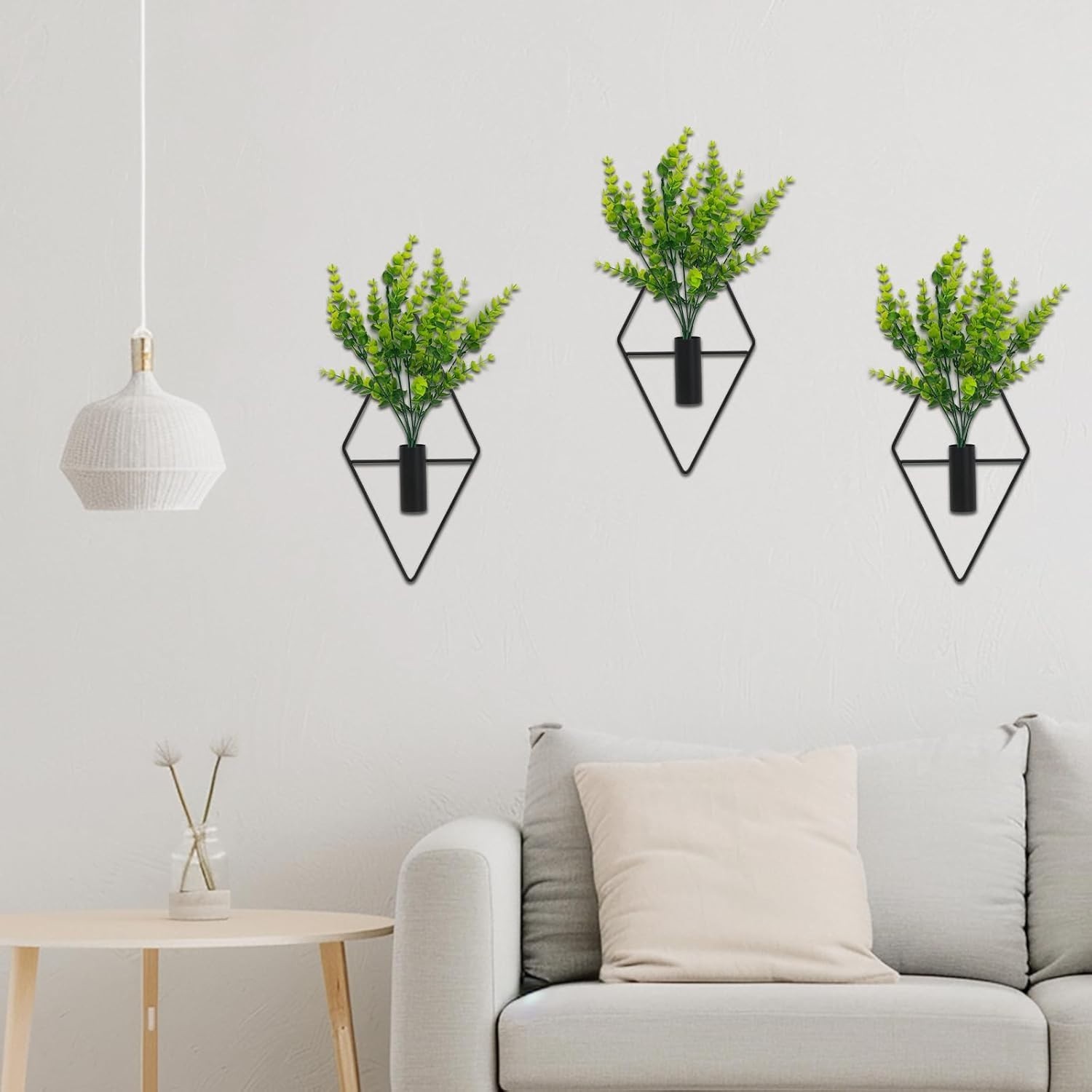 Elegant 3-Piece Geometric Metal Wall Planters with Eucalyptus for Home & Office