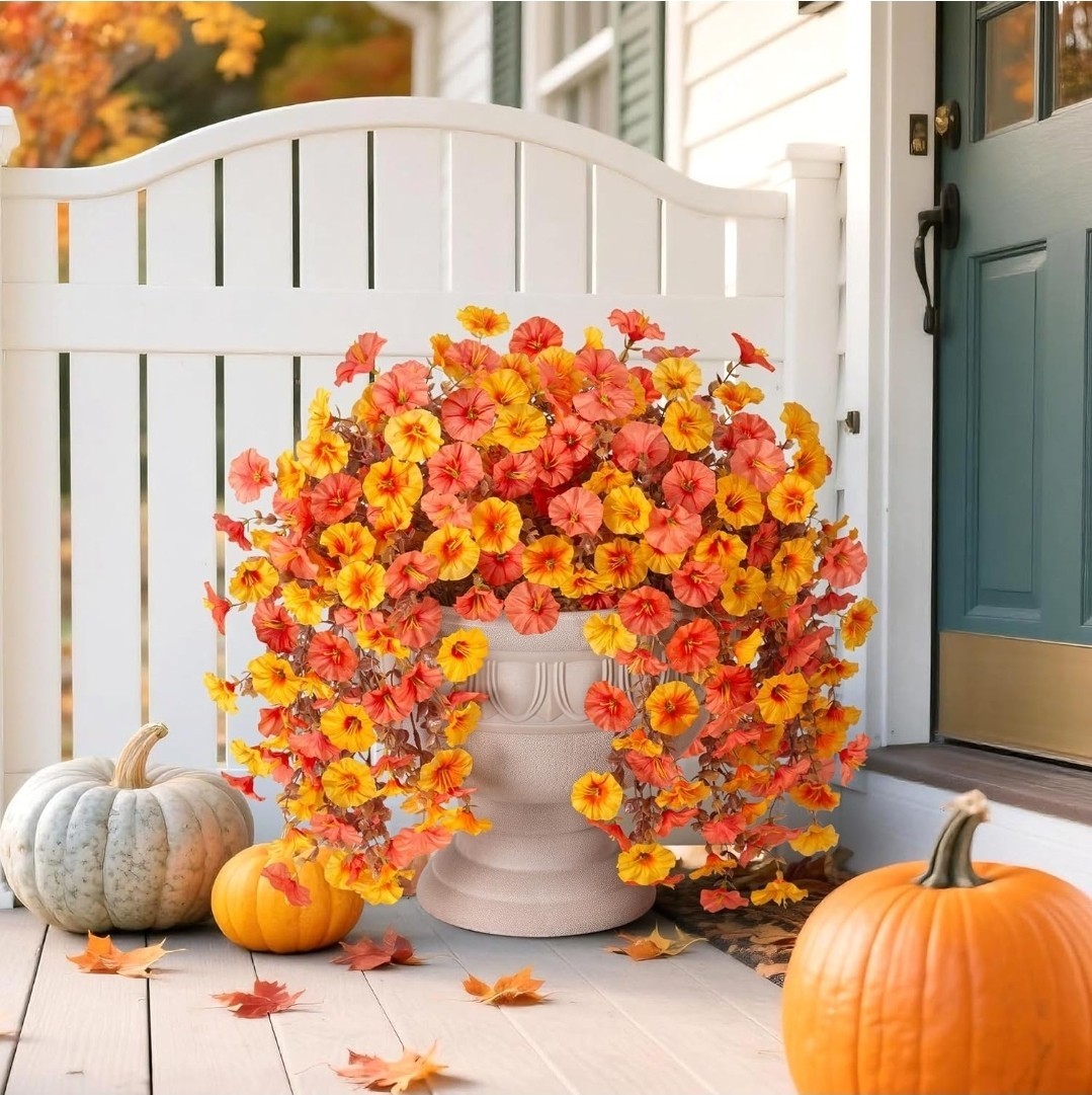 2 PCS Artificial Faux Fall Hanging Flowers Plants for Outdoor Decor,Fake Silk…