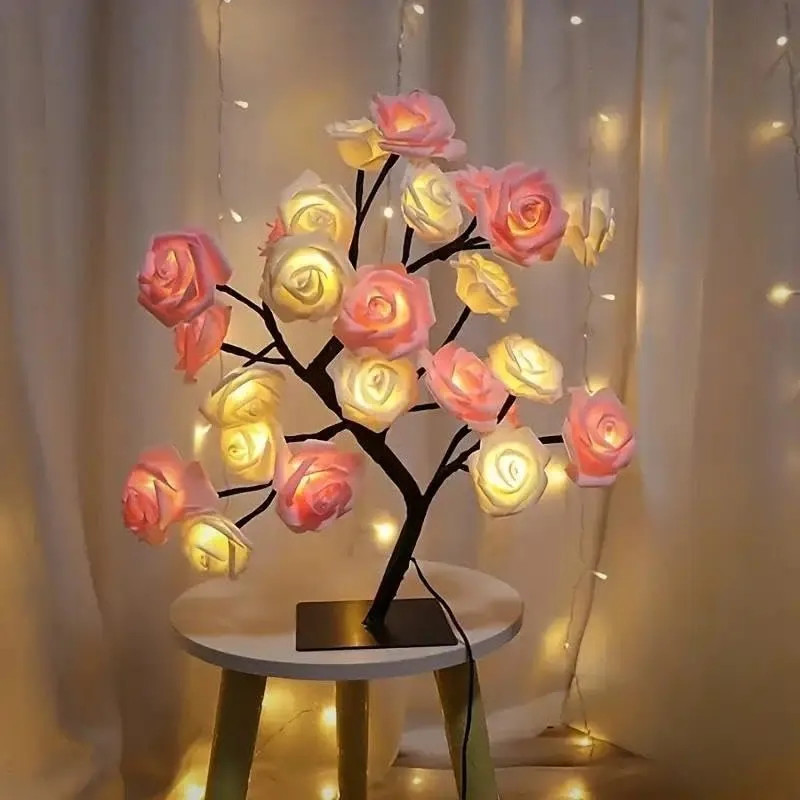 Rose Tree Light Artificial Bonsai Flower Table Lamp USB Battery Powered Romantic