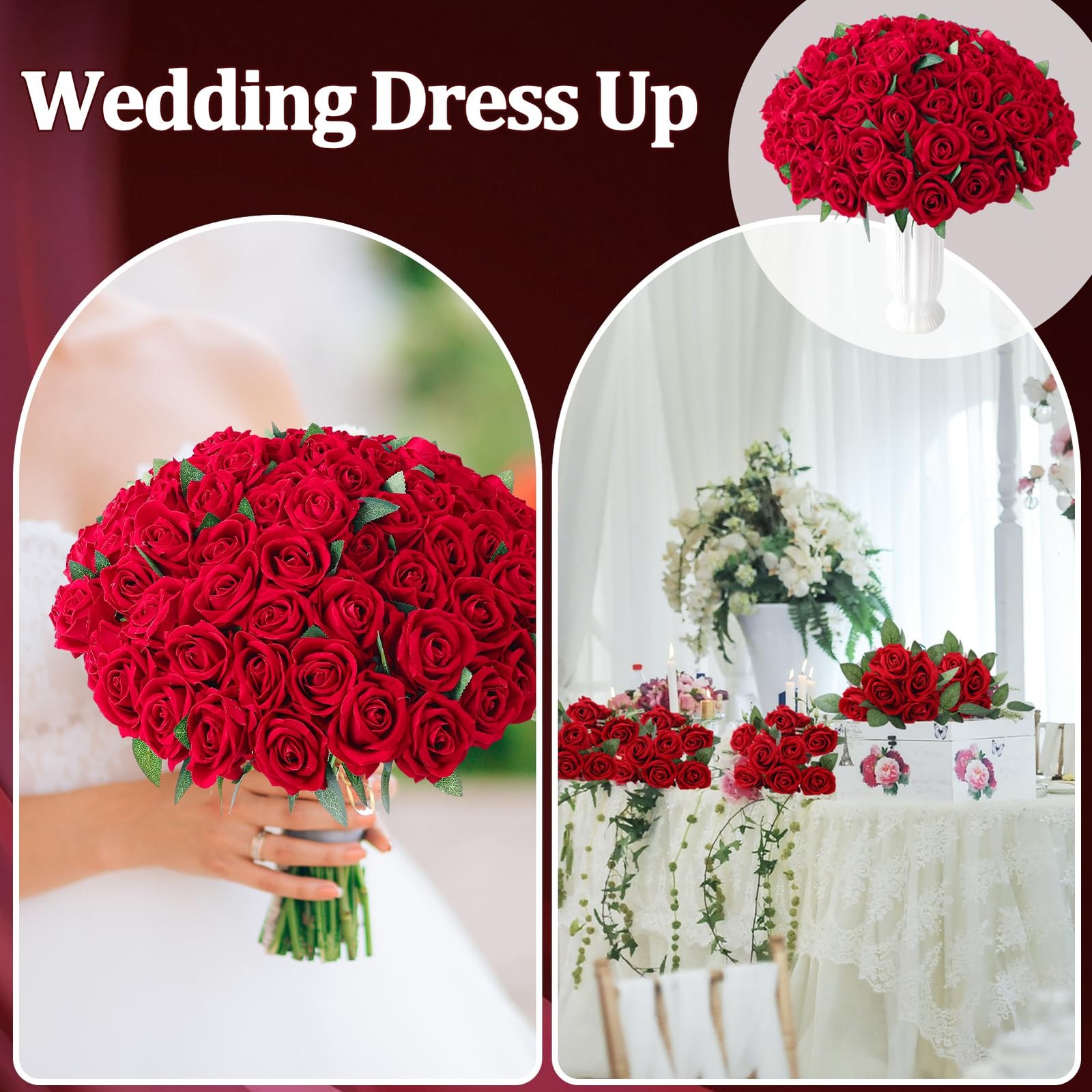 Ovveroche 90 Pcs Red Velvet Rose Artificial Flowers, 51cm Silk Wedding Fake S…