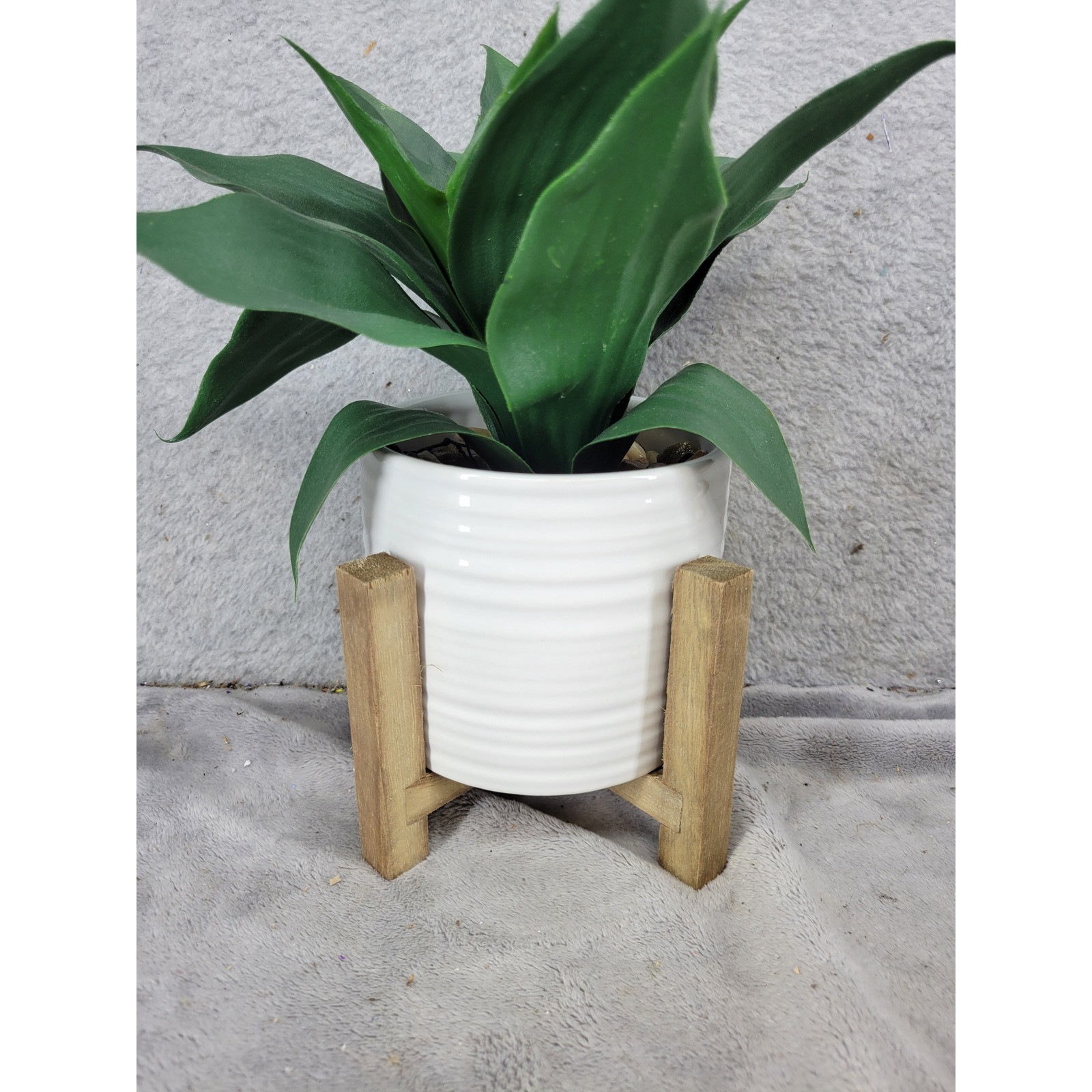 Artificial Snake Plant in White Ceramic Pot with Wood Stand Faux Green Leaves