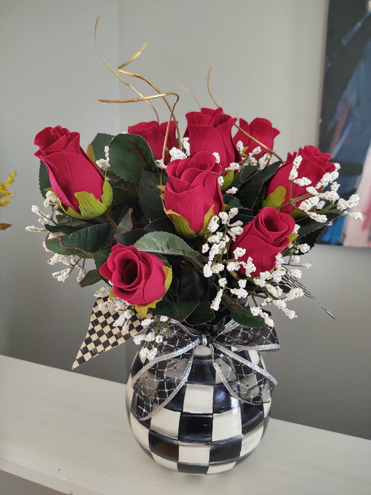 MY OWN HP Whimsical Vase & Red Rose Flowers w/ Designer Check Ribbon