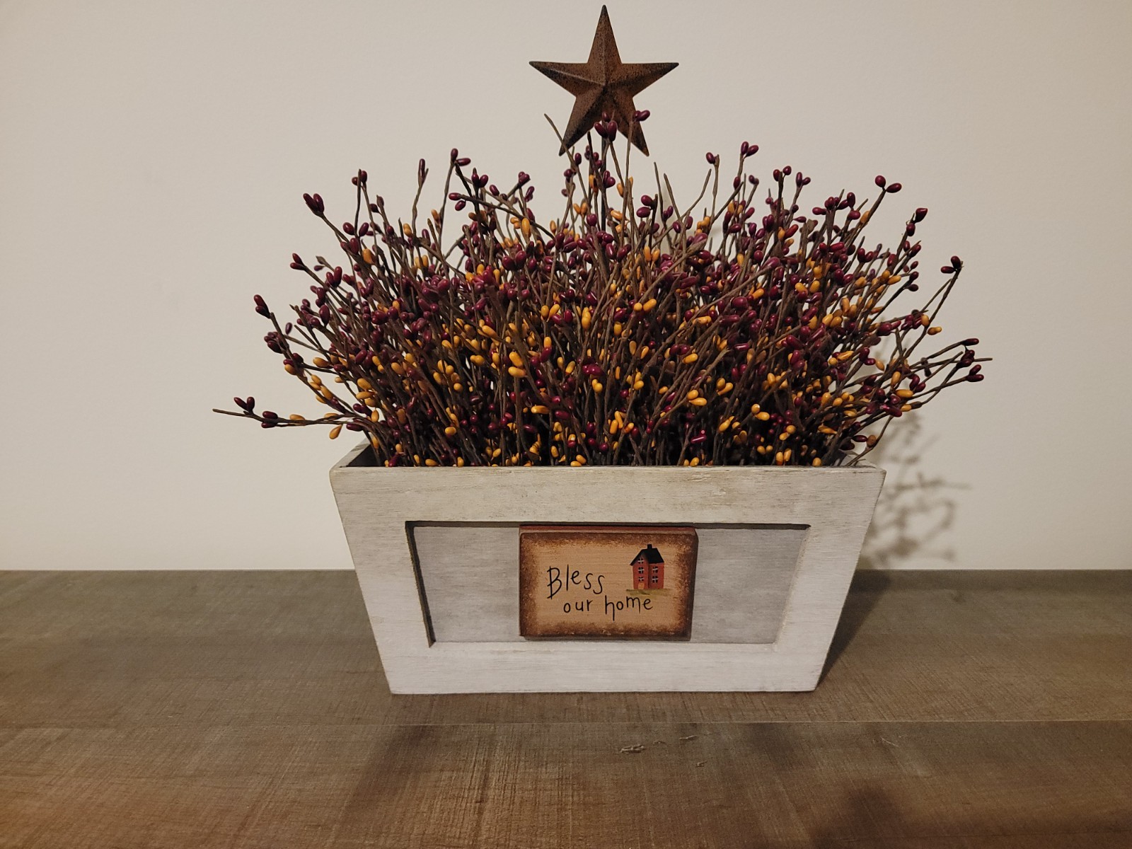 Bless Our Home Wooden Primitive Decor Box With Pip Berries & Rusty Star