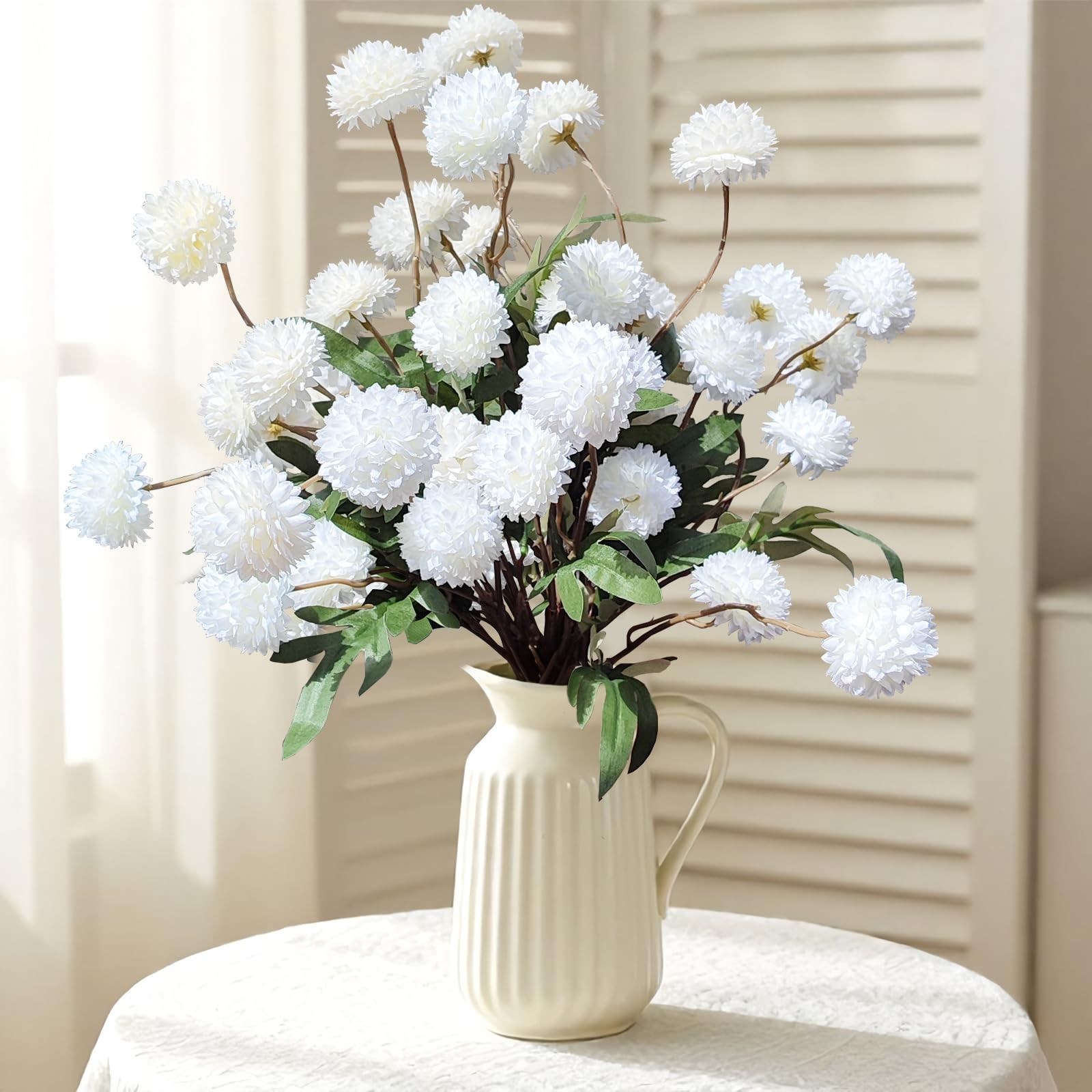 8 Pcs Artificial Flowers White Beige Faux Silk Pompon Mums, 20″ Long Stem Fak…