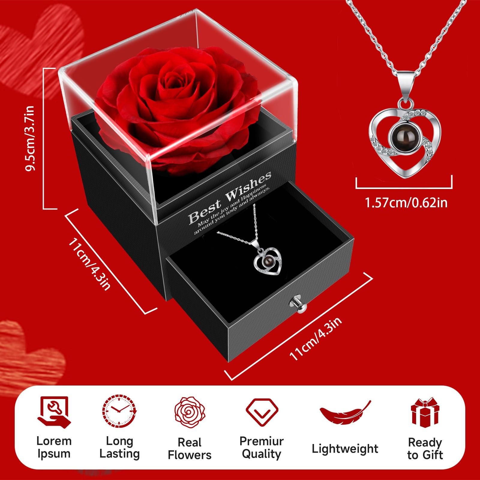 Preserved Real Rose with I Love You Necklace 100 Languages – Eternal Preserve…