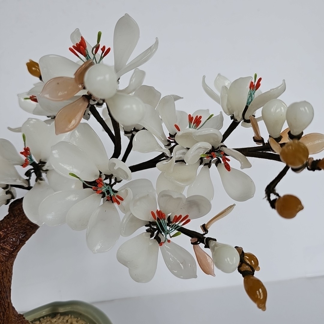 14″ Vintage Bonsai Tree Glass White Flower Blossom in Celadon Pot Handmade 1697