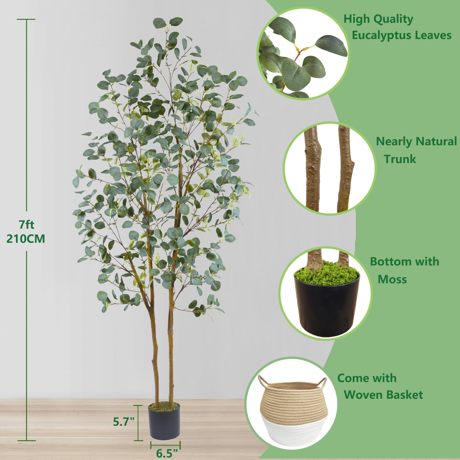 Artificial Eucalyptus Tree, 7ft Tall Silk Leaves Fake Plant with Basket for O…