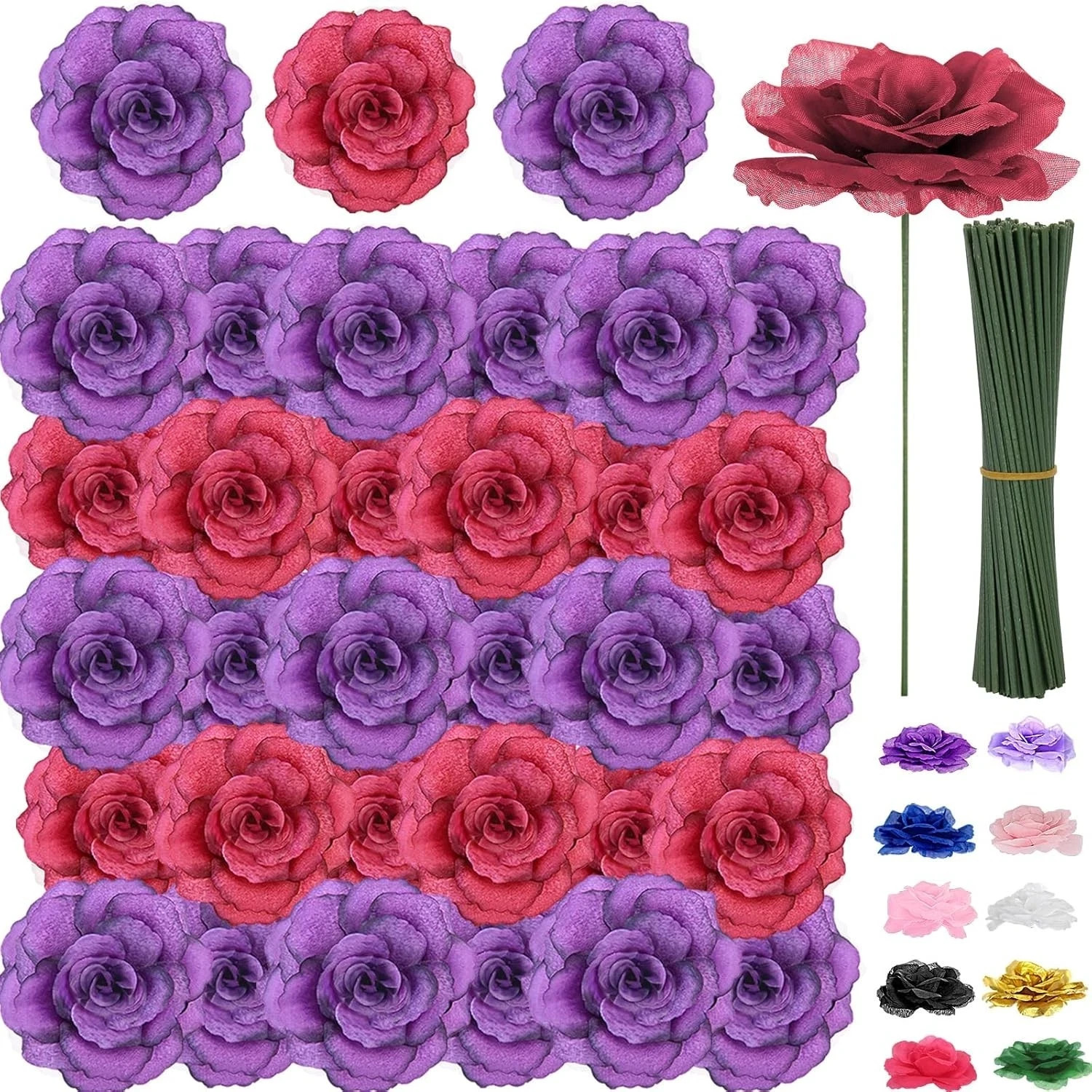 108pcs Roses Head Flowers with Stem – Red & Purple Artificial Wine-purple