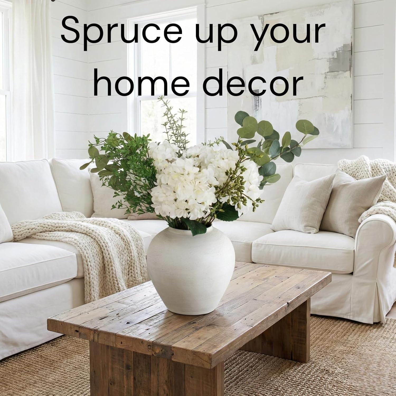 Faux Arrangement – Eucalyptus & White Hydrangea Flowers, Large Artificial Floral