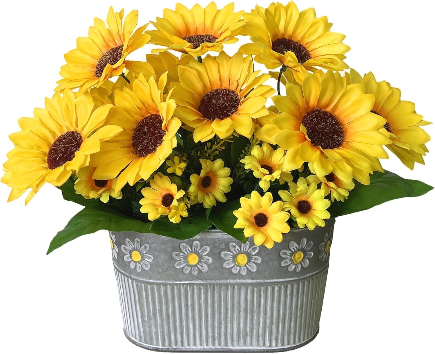 Low-Maintenance Silk Flower Centerpiece – Rustic Metal Pots, Set of 3 Sunflowers