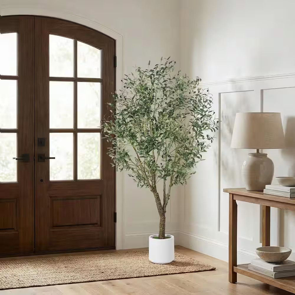 7 Ft. Artificial Olive Tree with Realistic Trunk, Faux Leaves and Fruits, White