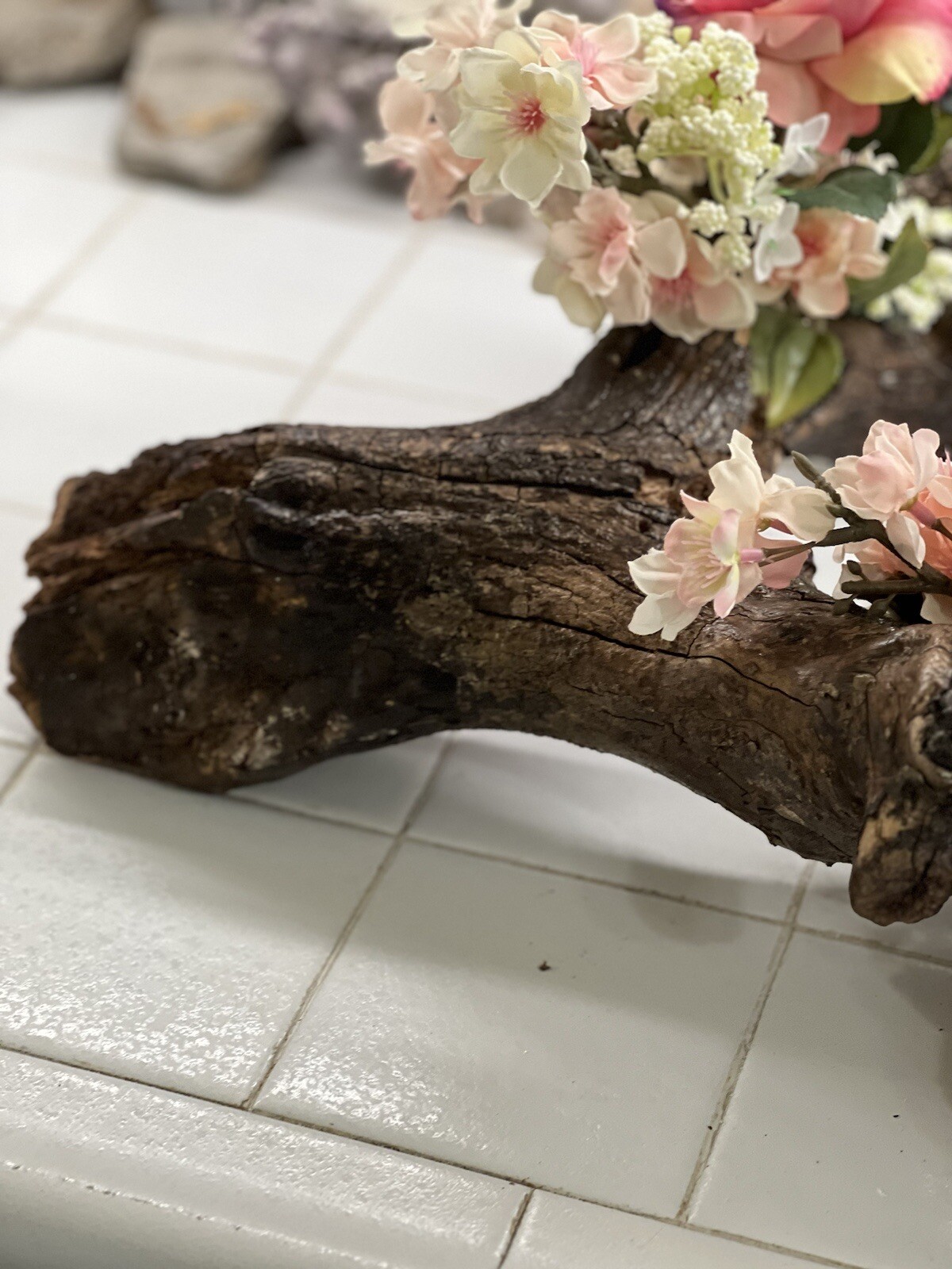 ORIGINAL FLORAL DESIGN WOOD BASE, ROSES, PEACH BLOSSOMS MOSSES BABY BREATH