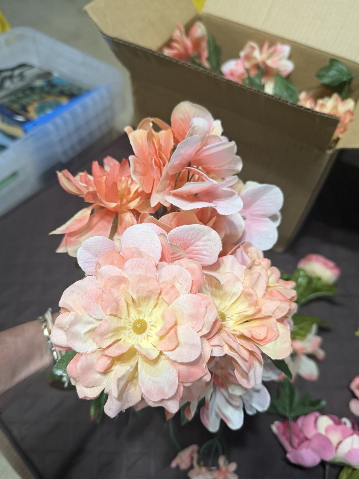 Large Lot / Box of Miscellaneous Artificial Silk Flowers – Bright Coral Shades