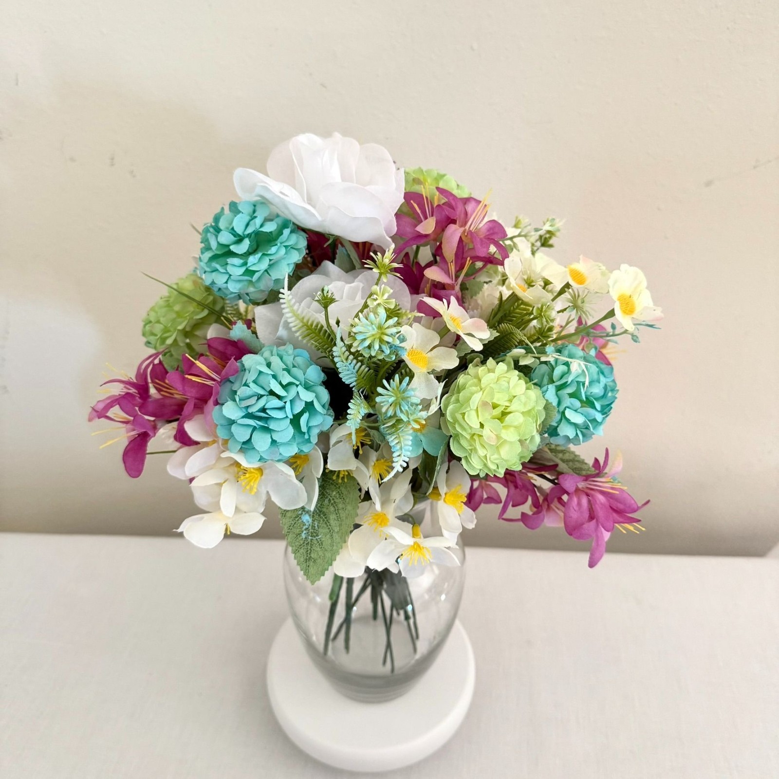 Handcrafted Floral Centerpiece Arrangement Clear Hourglass Vase Upcycled Decor