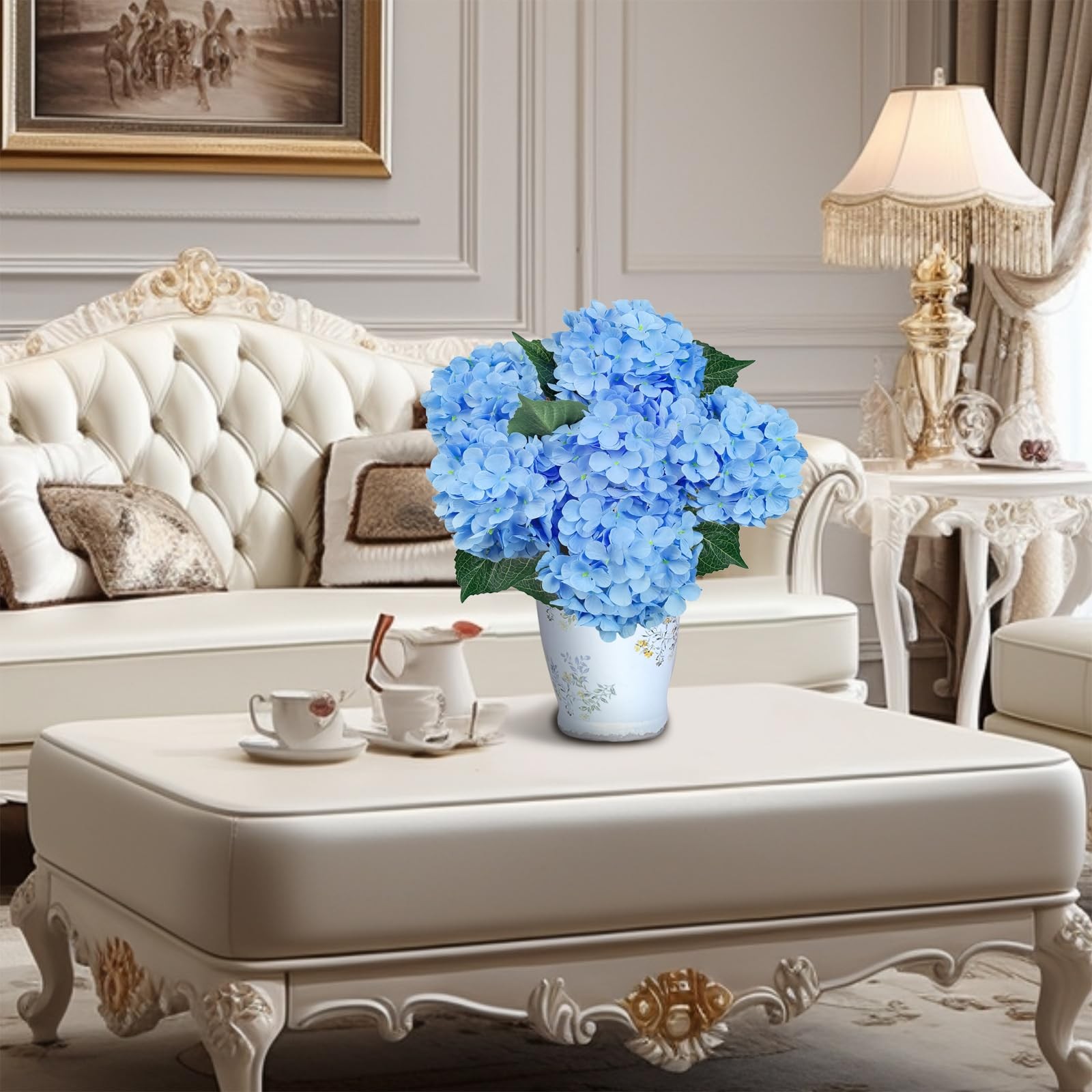 6PCS Premium Blue Silk Hydrangea Artificial Flowers Bouquets – Realistic Fake…