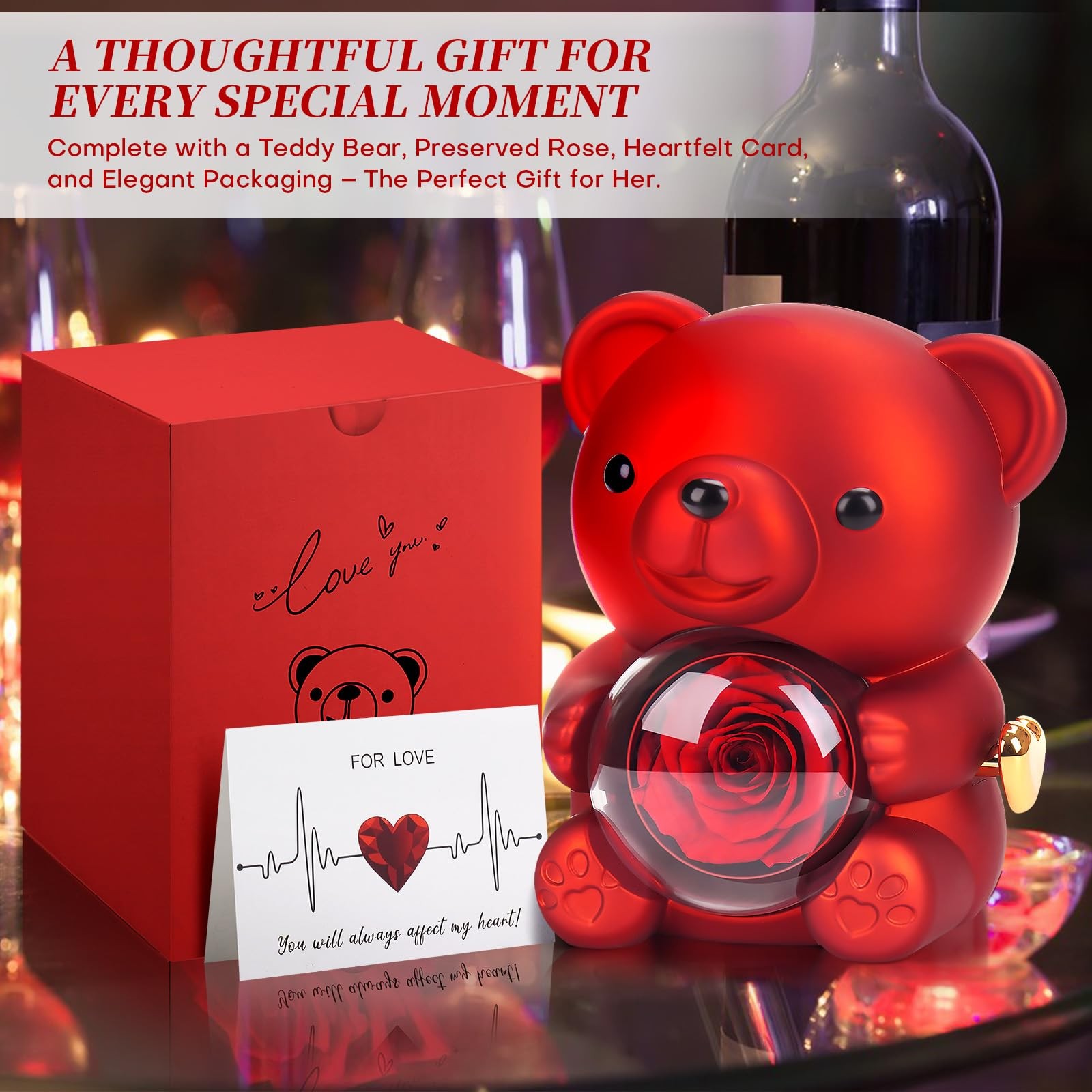 Valentines Day Gifts for Her, Teddy Bear with Preserved Real Rose and Necklac…