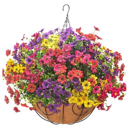 Grunyia Artificial Hanging Flowers Basket with Colorful Silk Daisies & 1 Spring