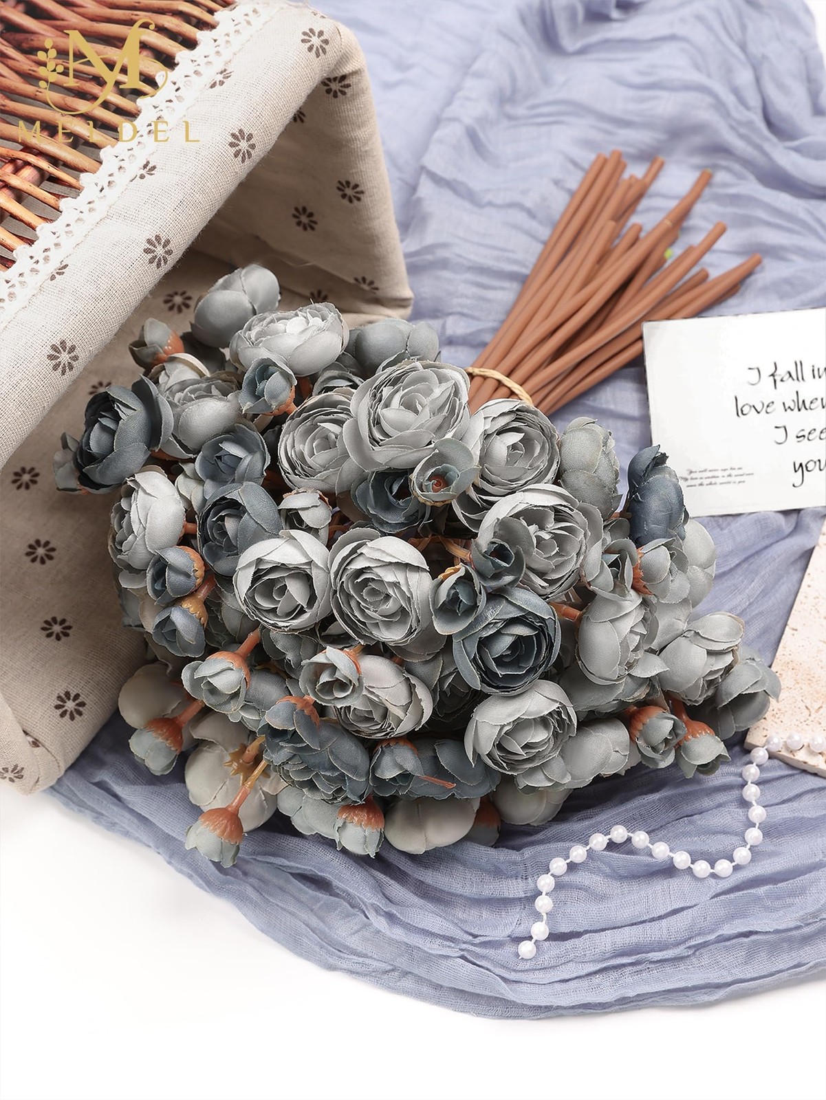 32 PCS Ranunculus Artificial Flower Dusty Blue Mini Rose Faux Fake Peony