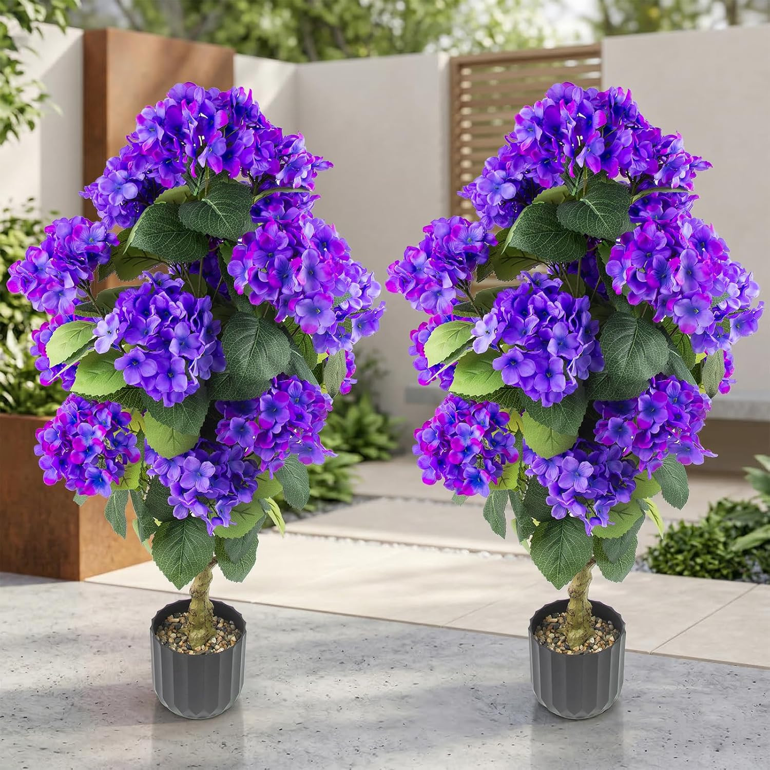 2 Pcs 3 Ft Artificial Hydrangea Trees Potted, UV Resistant Faux Silk Hydrangea P