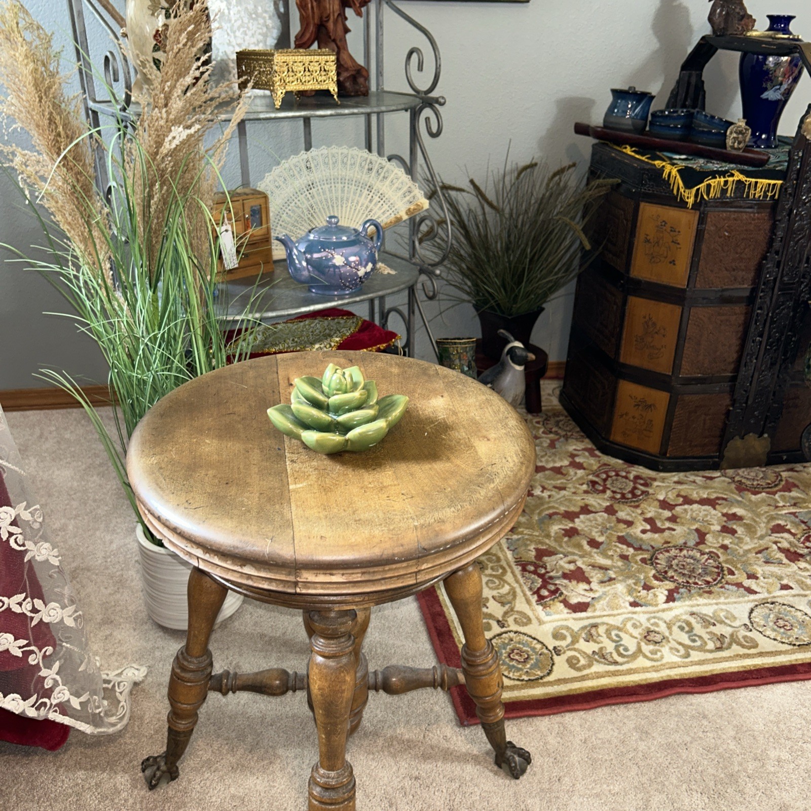 Vintage Green Ceramic Succulent Lotus Flower Sculpture Tablescape