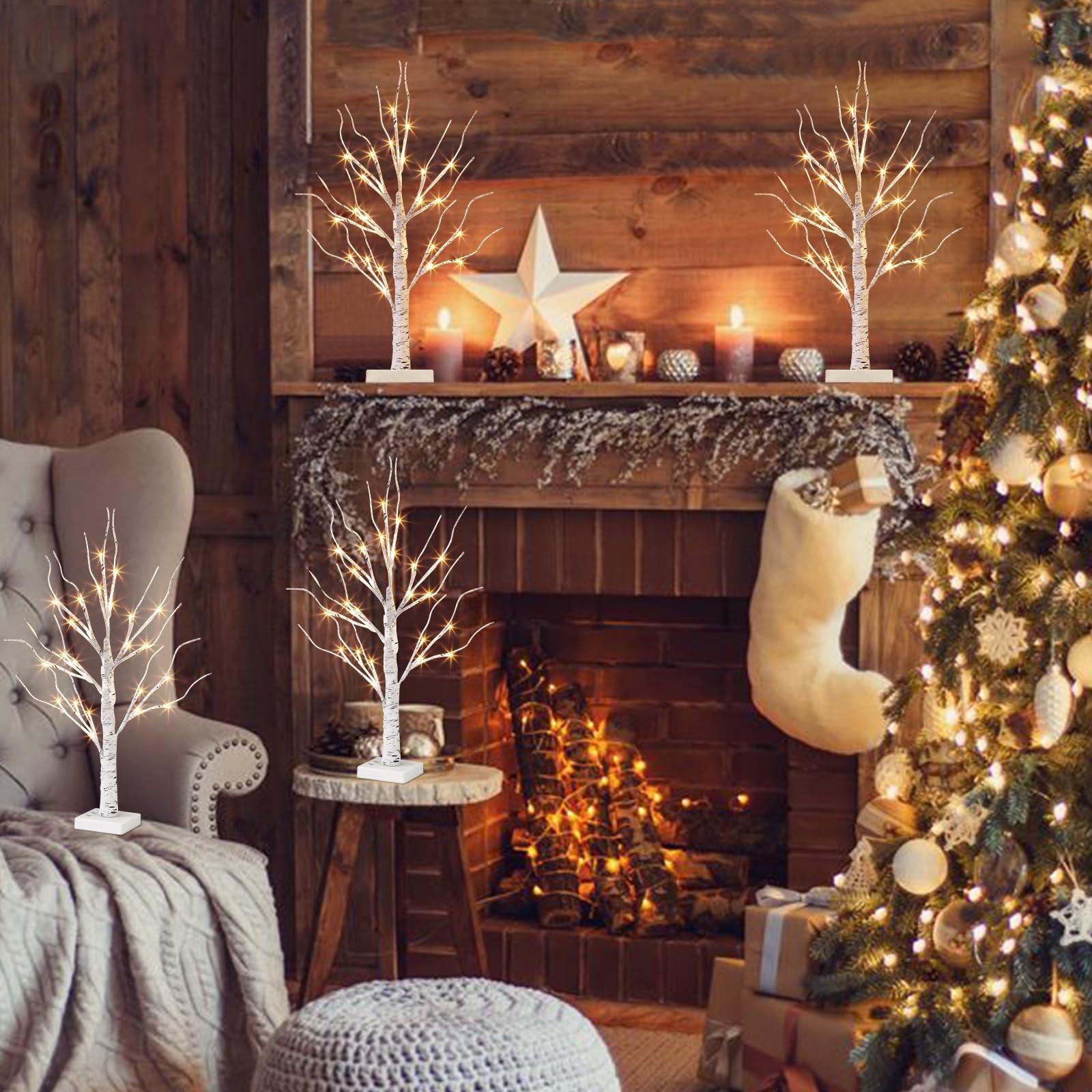 Christmas Tree Decorations, White Birch Tree with LED Lights- Set of 4, Warm Whi