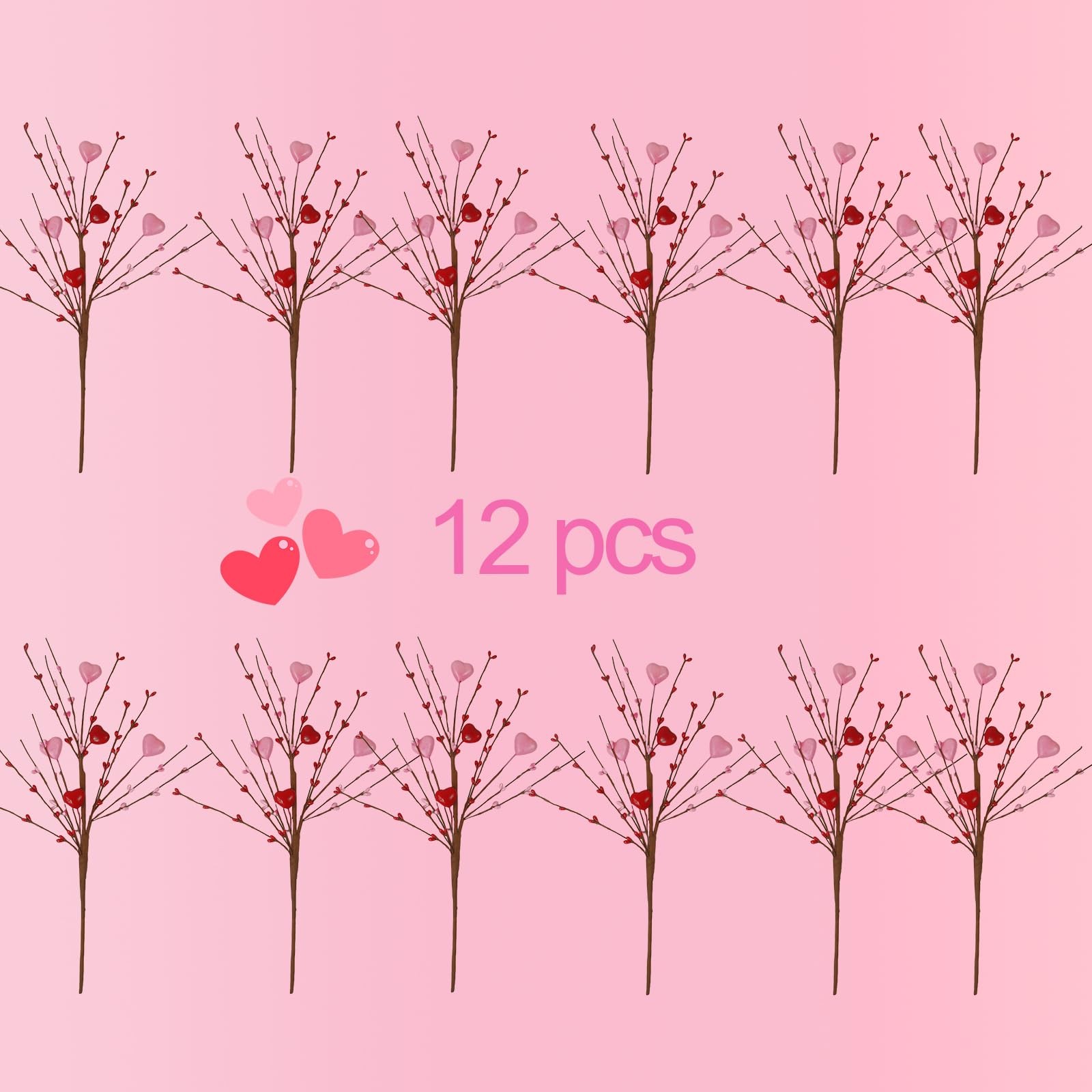 12 PCS Artificial Pink Heart Shaped Berry Branches Valentine Picks 17.7 Inch