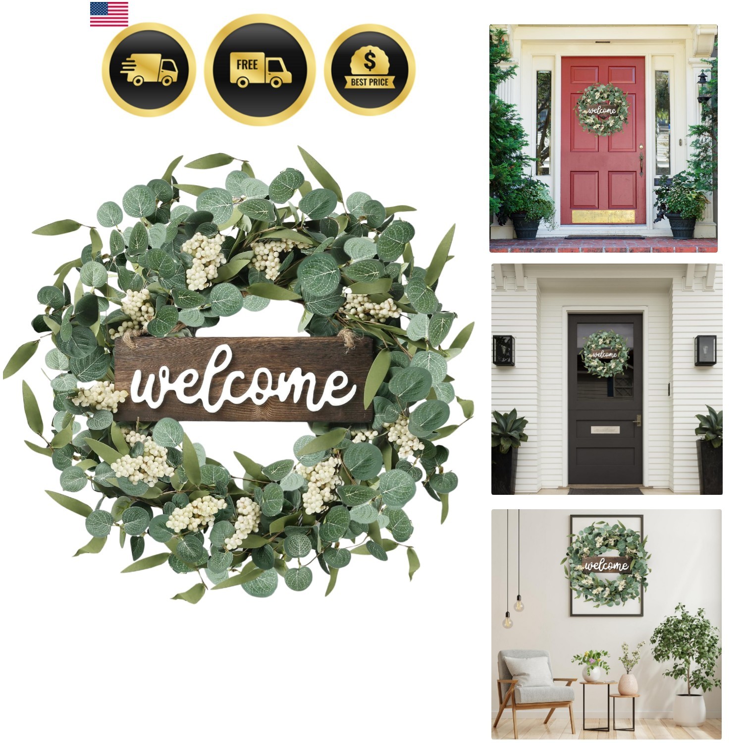 Eucalyptus Wreath Welcome Sign Front Door Wall Garden Decor Spring Summer