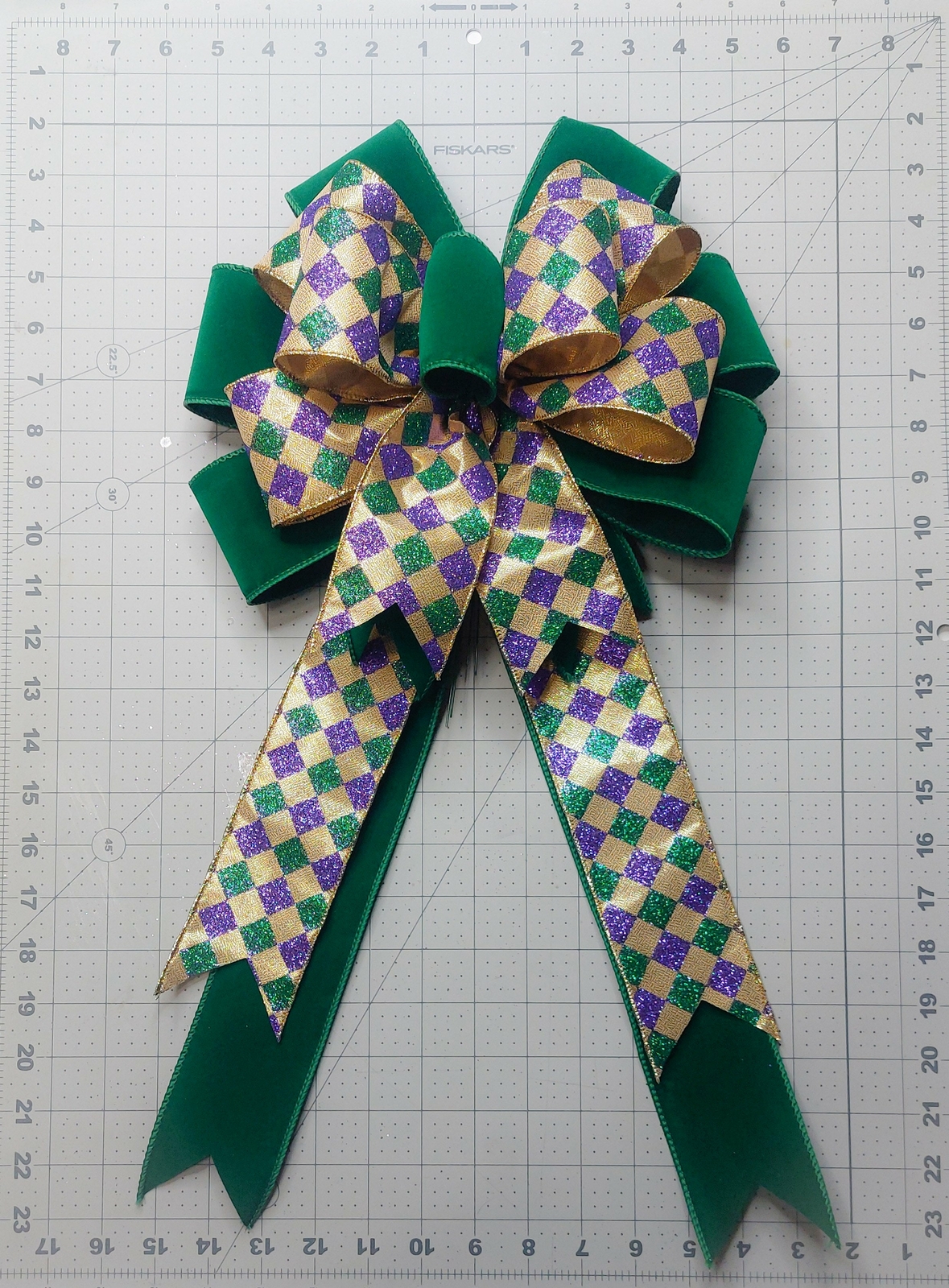 Mardi Gras Bow, Gold, Purple, Green Metallic Harlequin, Emerald Green Velvet